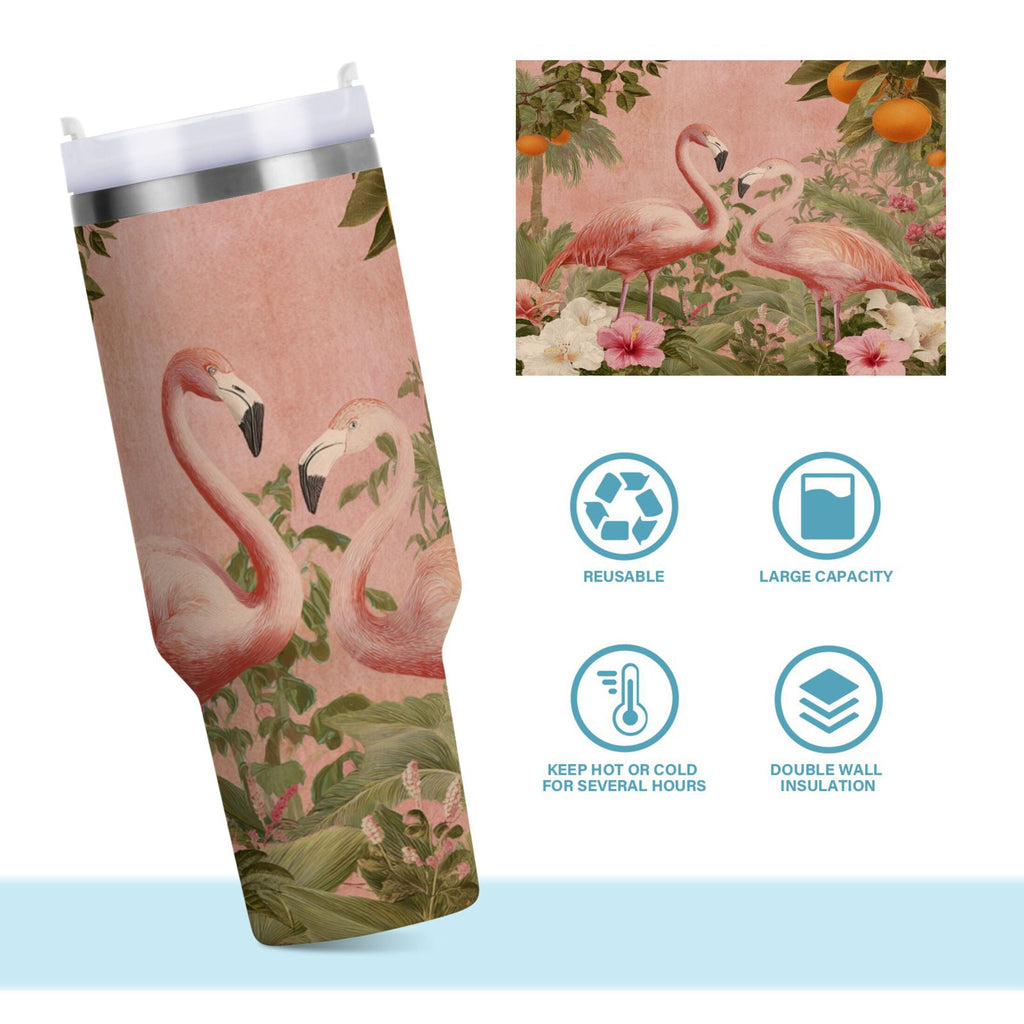 40 oz Insulated Stainless Steel Tumbler Double Wall Stainless Steel Tumbler with 2-Way Drinking Flamingos in Tropical Garden - Pick 352