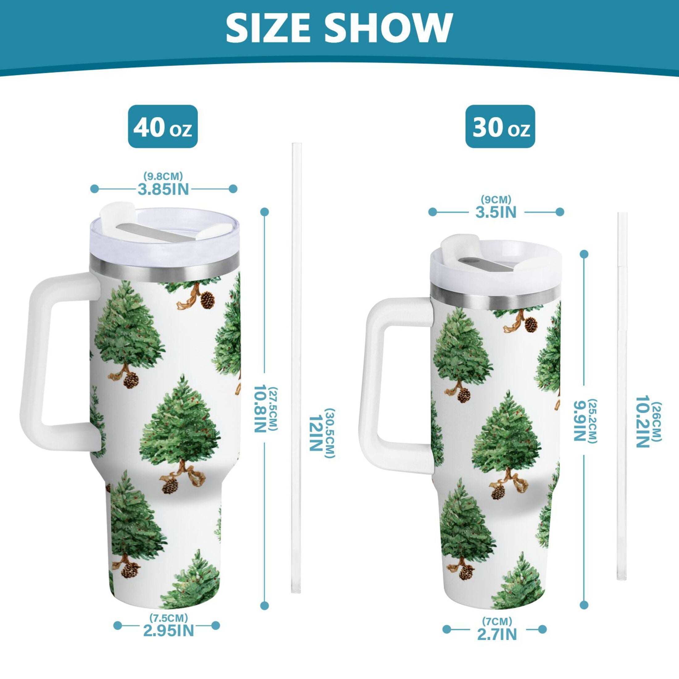 30 oz Insulated Stainless Steel Tumbler Double Wall Stainless Steel Tumbler with 2-Way Drinking Watercolor Green Christmas Tree - Pick 477
