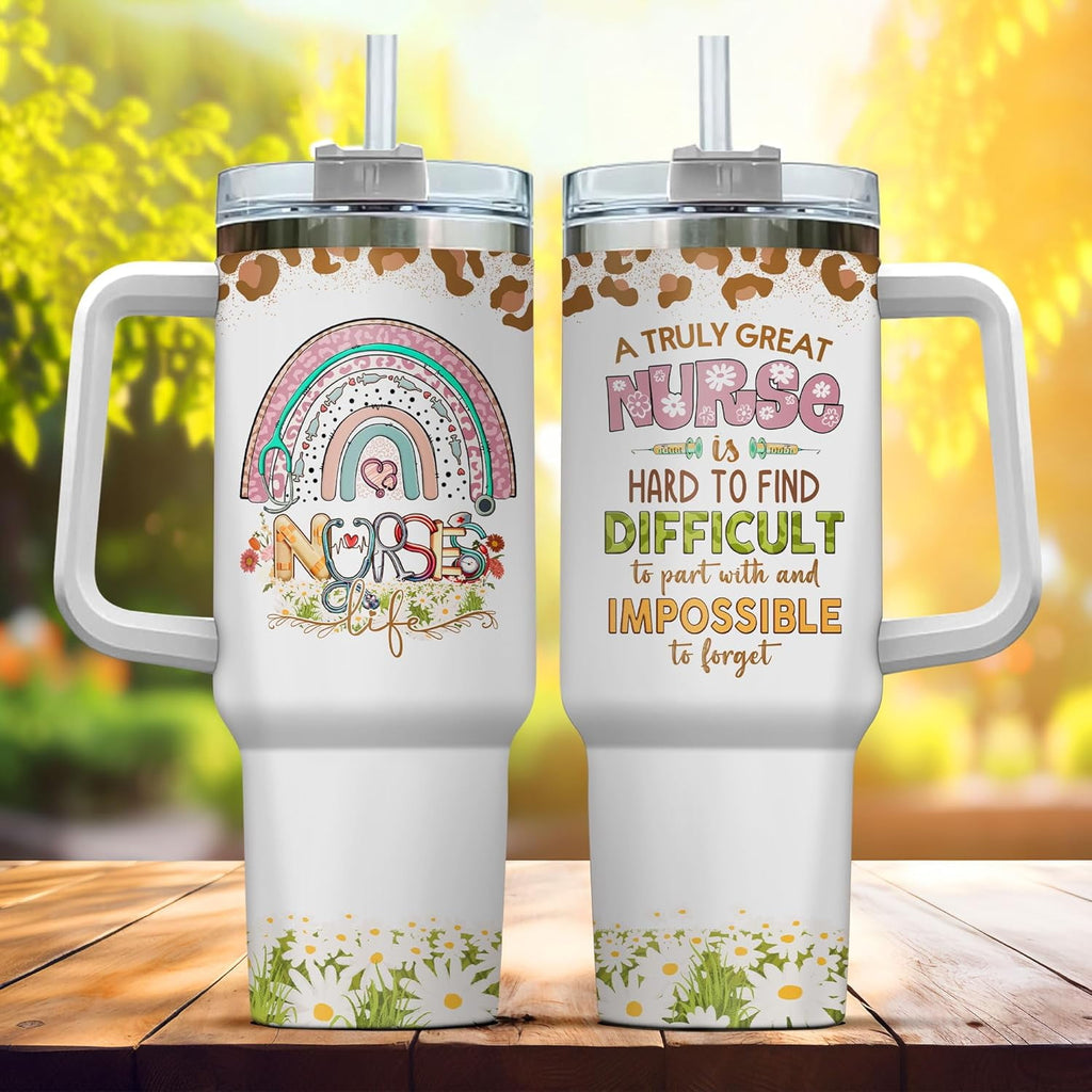 Tumbler 40 Oz With Handle Lid And Straw, Nurse Gifts, Black Camo White Engraved Print Travel Nurses Tumblers Handle Funny Cups Nursing For, Great Nurse Rainbow Daisy Flower - Pick 979