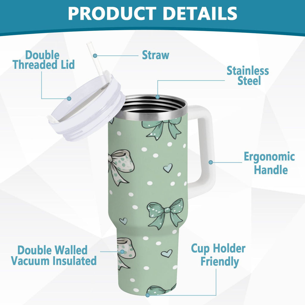 30 oz Insulated Stainless Steel Tumbler Double Wall Stainless Steel Tumbler with 2-Way Drinking Green and Mint Bows - Pick 133