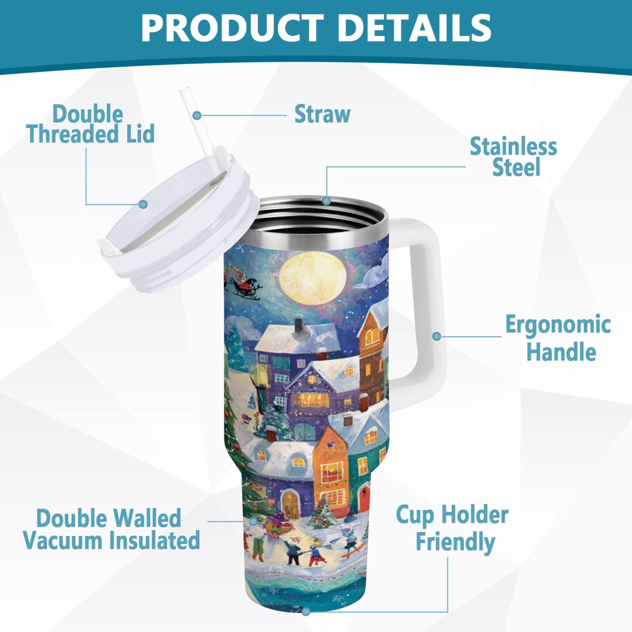 30 oz Insulated Stainless Steel Tumbler Double Wall Stainless Steel Tumbler with 2-Way Drinking Charming Christmas Scene - Pick 932