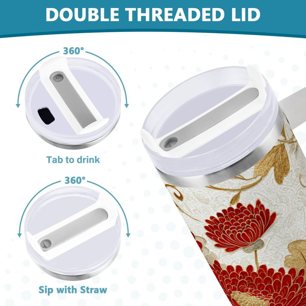 30 oz Insulated Stainless Steel Tumbler Double Wall Stainless Steel Tumbler with 2-Way Drinking Red Chrysanthemum Pattern - Pick 125