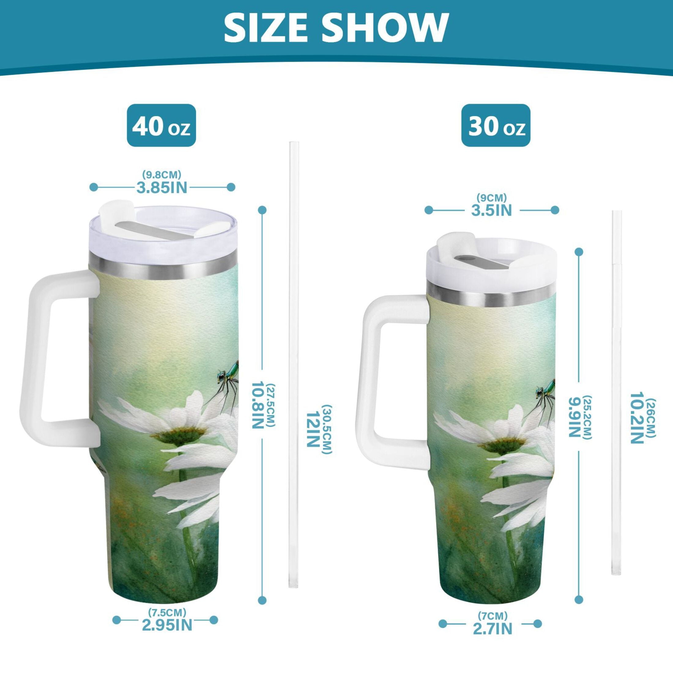 30 oz Insulated Stainless Steel Tumbler Double Wall Stainless Steel Tumbler with 2-Way Drinking Beautiful Dragonflies and Daisies - Pick 172