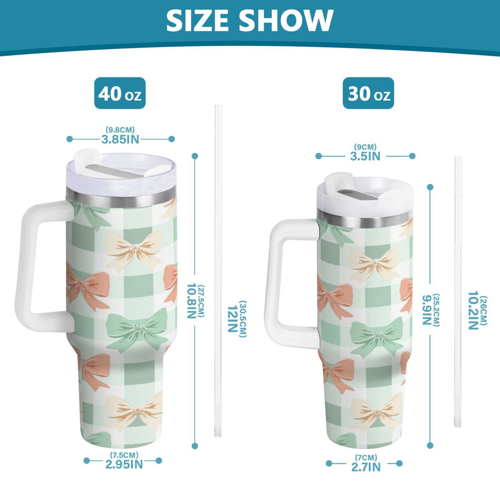 40 oz Insulated Stainless Steel Tumbler Double Wall Stainless Steel Tumbler with 2-Way Drinking Green and Peach Bow Pattern - Pick 342