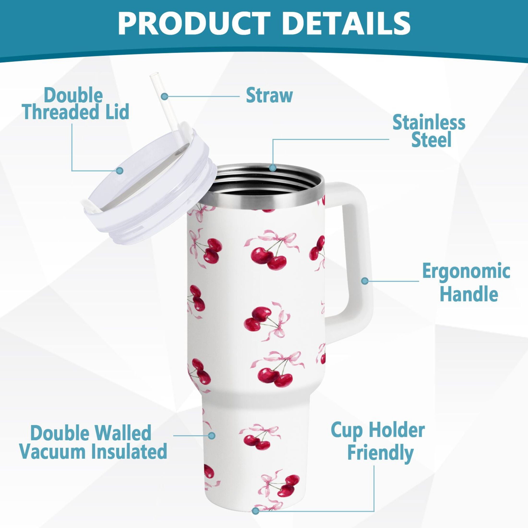 30 oz Insulated Stainless Steel Tumbler Double Wall Stainless Steel Tumbler with 2-Way Drinking Watercolor Cherries Pattern - Pick 266