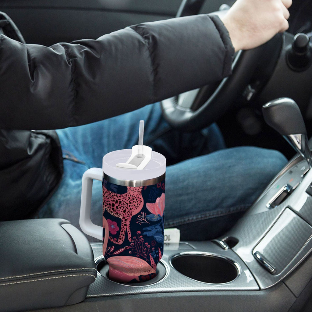 30 oz Insulated Stainless Steel Tumbler Double Wall Stainless Steel Tumbler with 2-Way Drinking Flamingos and Leopard Print - Pick 493