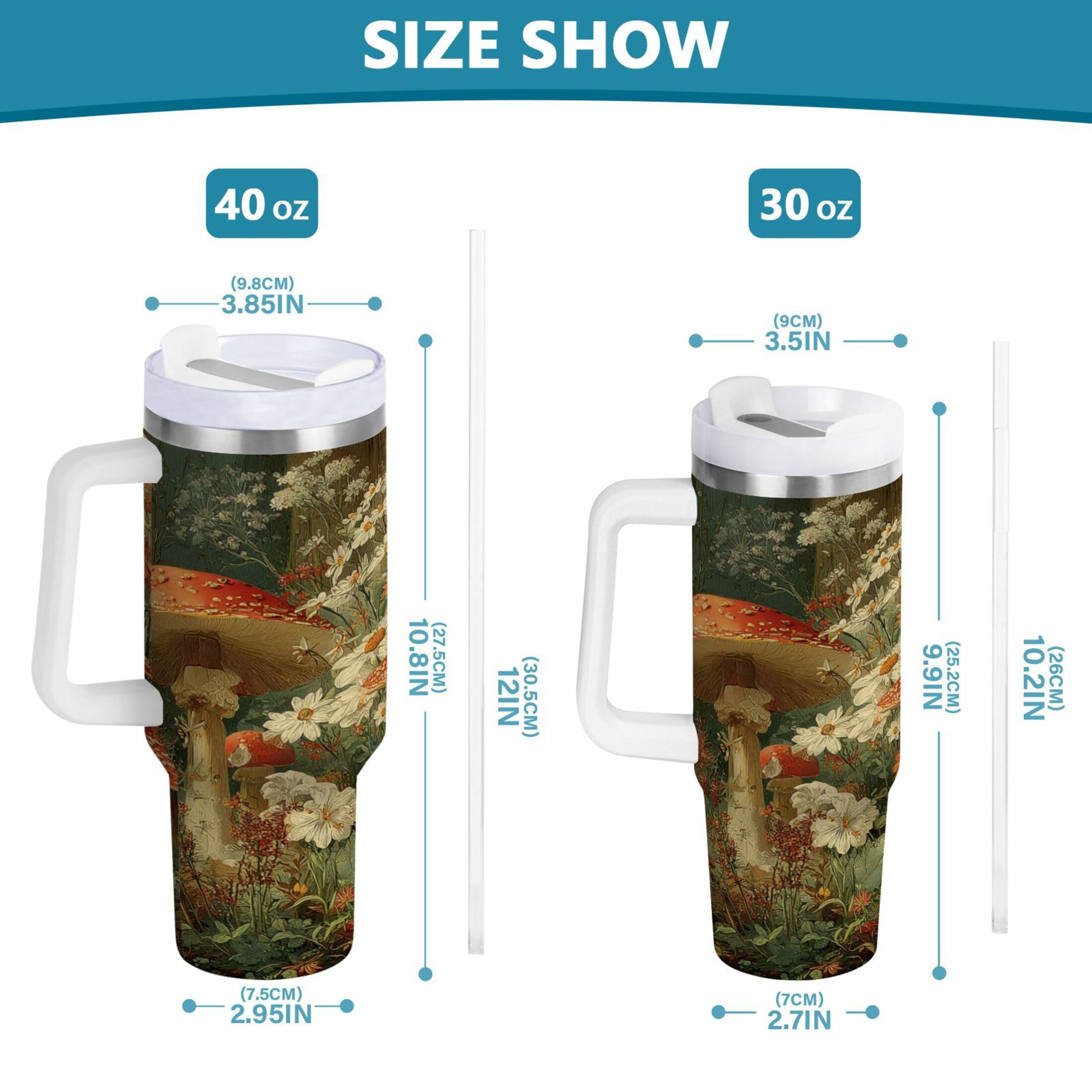 40 oz Insulated Stainless Steel Tumbler Double Wall Stainless Steel Tumbler with 2-Way Drinking Red Mushrooms - Pick 979