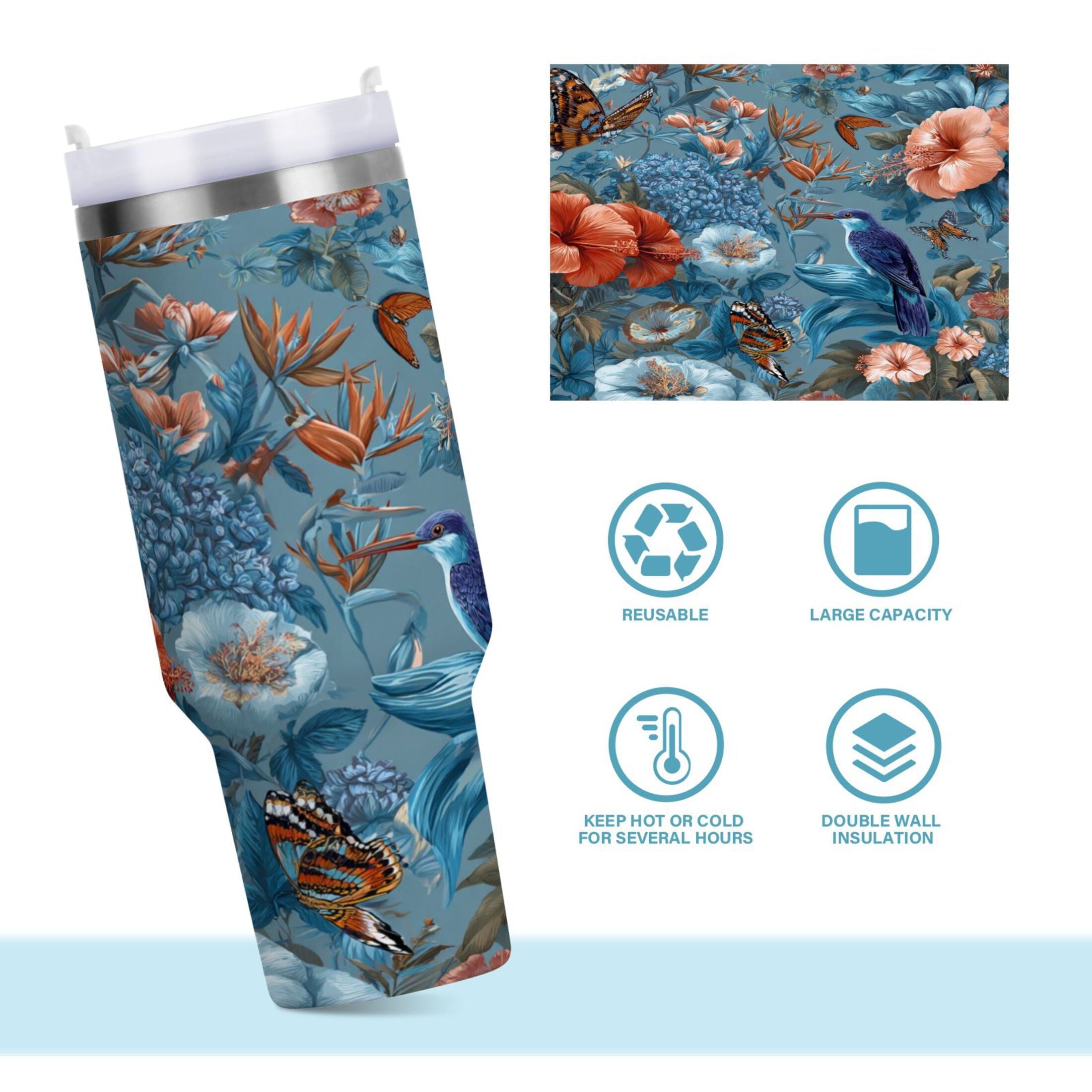 30 oz Insulated Stainless Steel Tumbler Double Wall Stainless Steel Tumbler with 2-Way Drinking Birds and Flowers - Pick 404