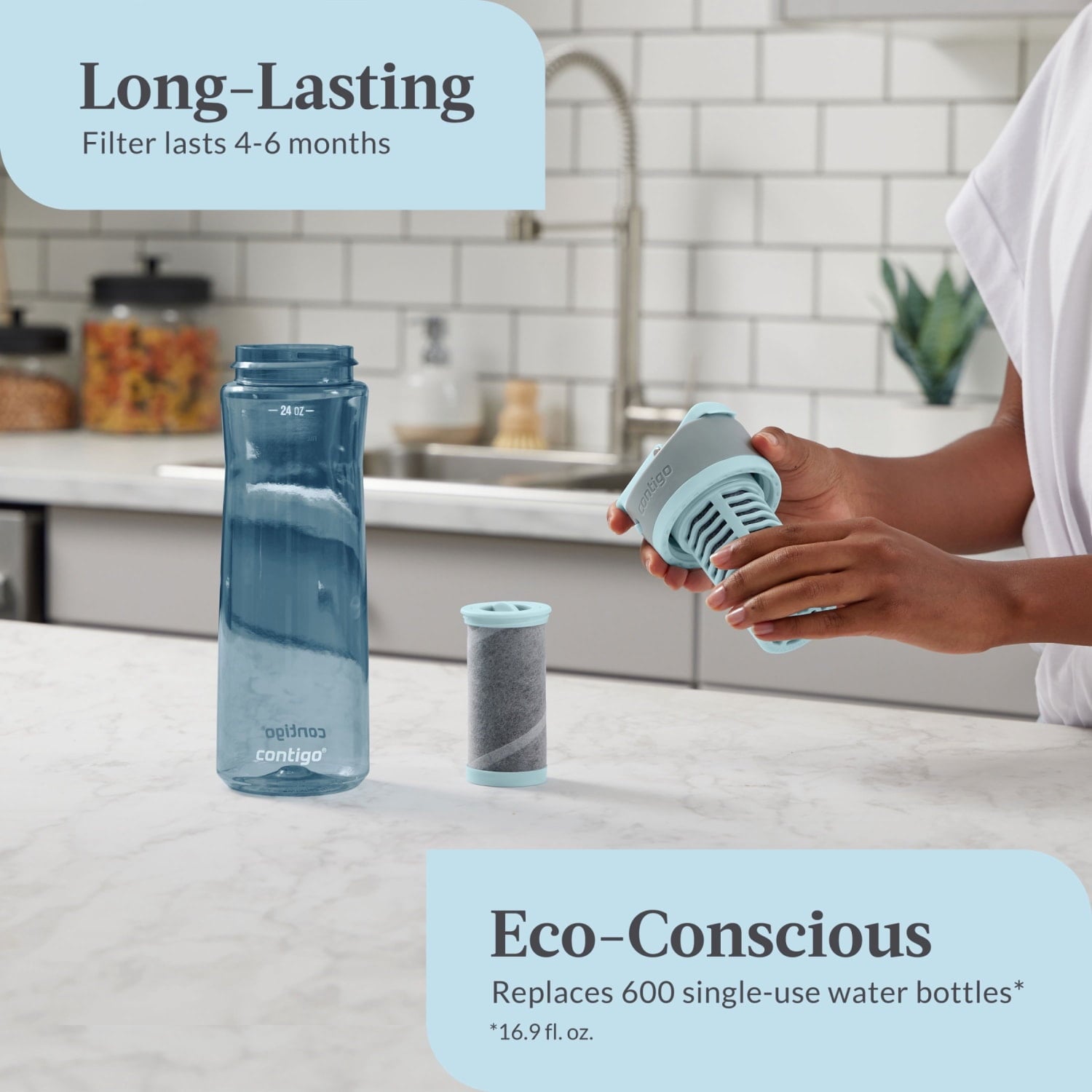 (2 pack) Contigo Clybourn Plastic FreeFlow Filter Water Bottle with AUTOSEAL Lid 24 oz., Dark Ice, with Replacable Filter - Pick 191