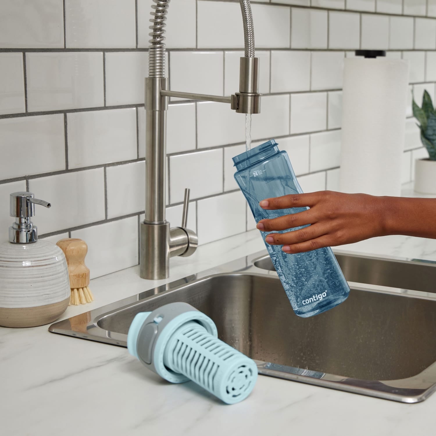 (2 pack) Contigo Clybourn Plastic FreeFlow Filter Water Bottle with AUTOSEAL Lid 24 oz., Dark Ice, with Replacable Filter - Pick 191