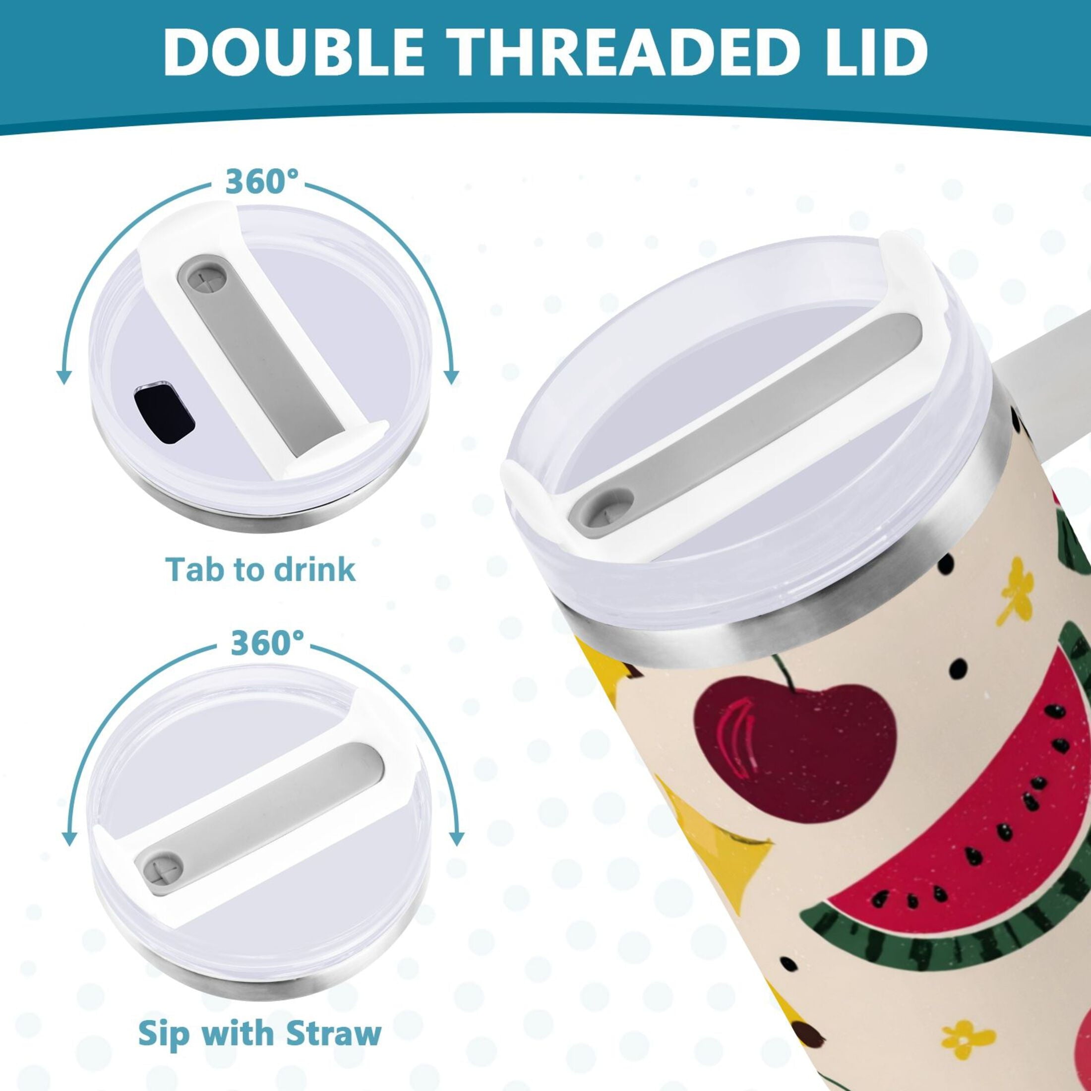 30 oz Insulated Stainless Steel Tumbler Double Wall Stainless Steel Tumbler with 2-Way Drinking Watermelon and Cherries - Pick 278
