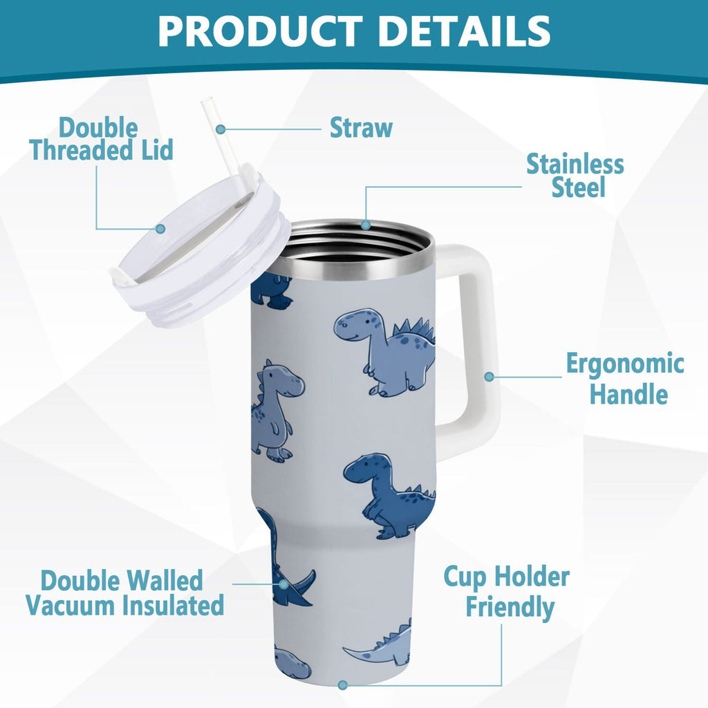 30 oz Insulated Stainless Steel Tumbler Double Wall Stainless Steel Tumbler with 2-Way Drinking Cute Blue Dinosaurs - Pick 295