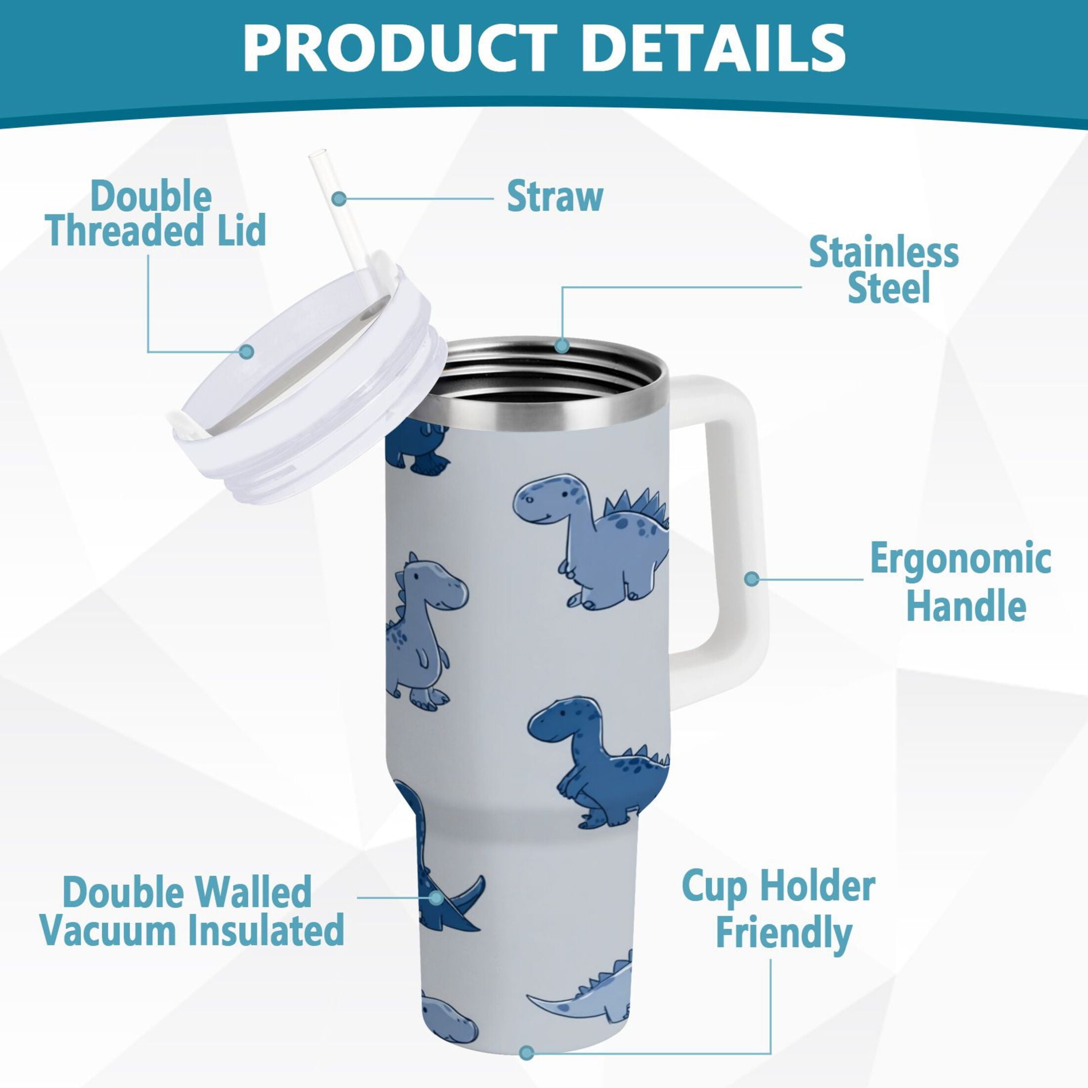 30 oz Insulated Stainless Steel Tumbler Double Wall Stainless Steel Tumbler with 2-Way Drinking Cute Blue Dinosaurs - Pick 295