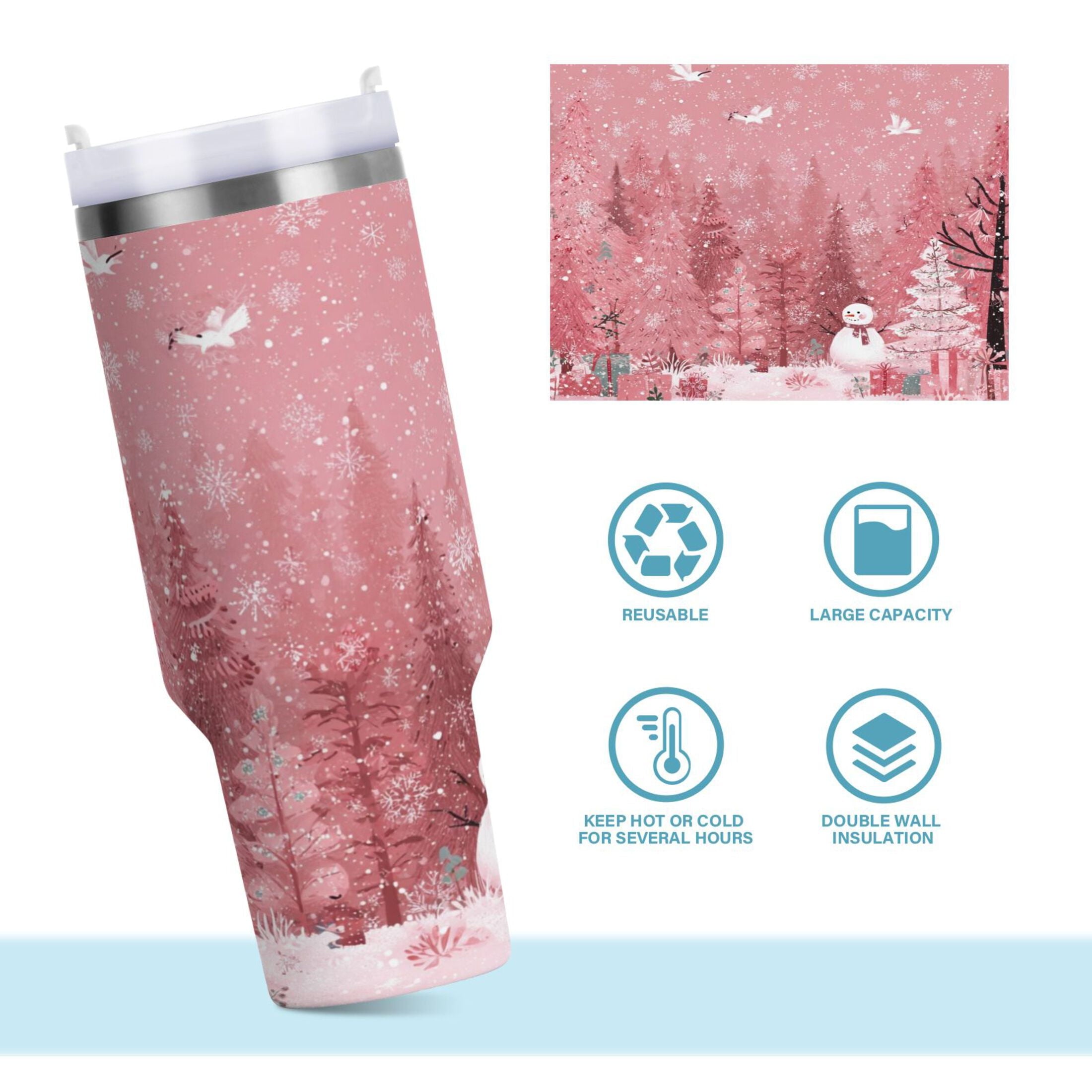 40 oz Insulated Stainless Steel Tumbler Double Wall Stainless Steel Tumbler with 2-Way Drinking Christmas Forest with Snowmen - Pick 714