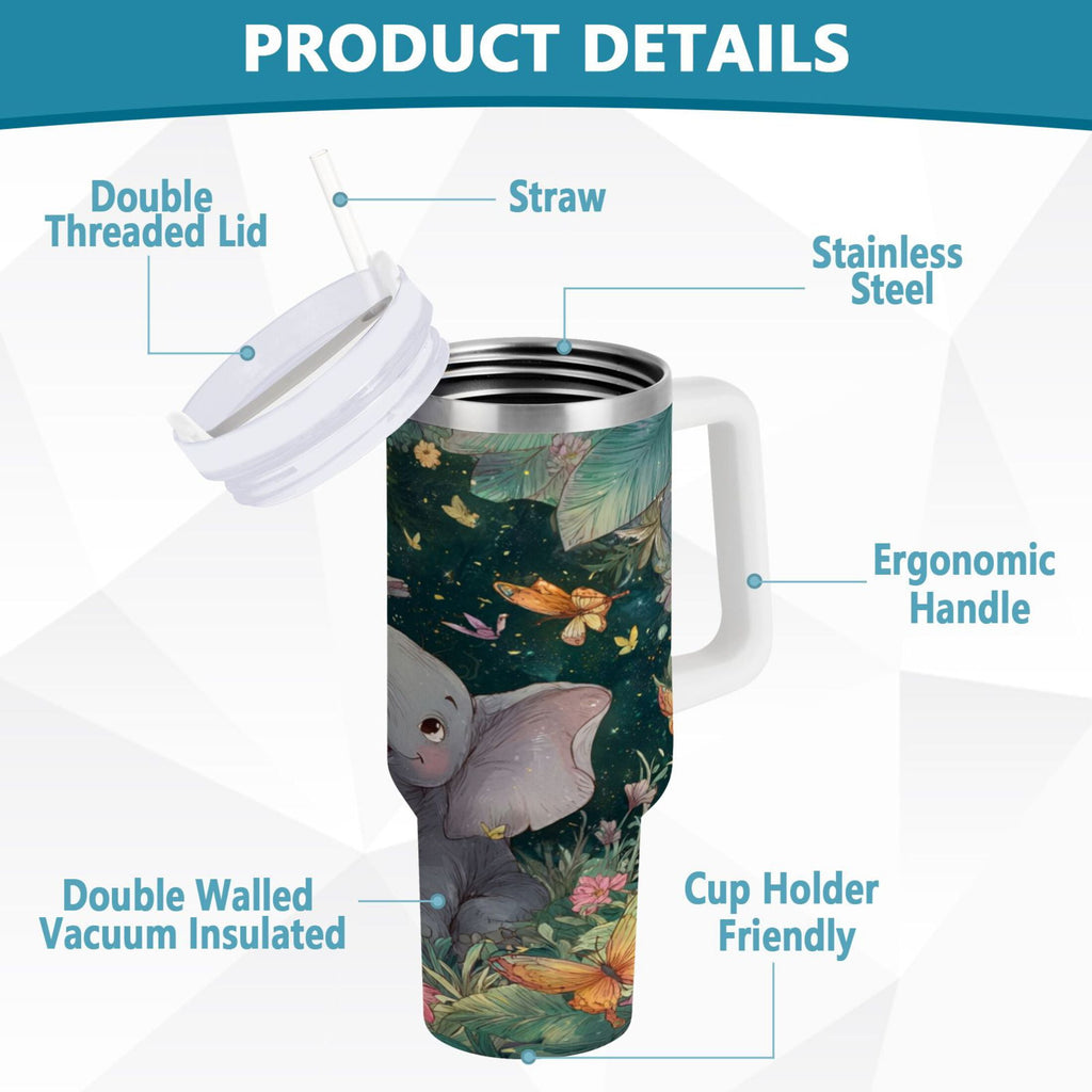 40 oz Insulated Stainless Steel Tumbler Double Wall Stainless Steel Tumbler with 2-Way Drinking Cute Elephant - Pick 376