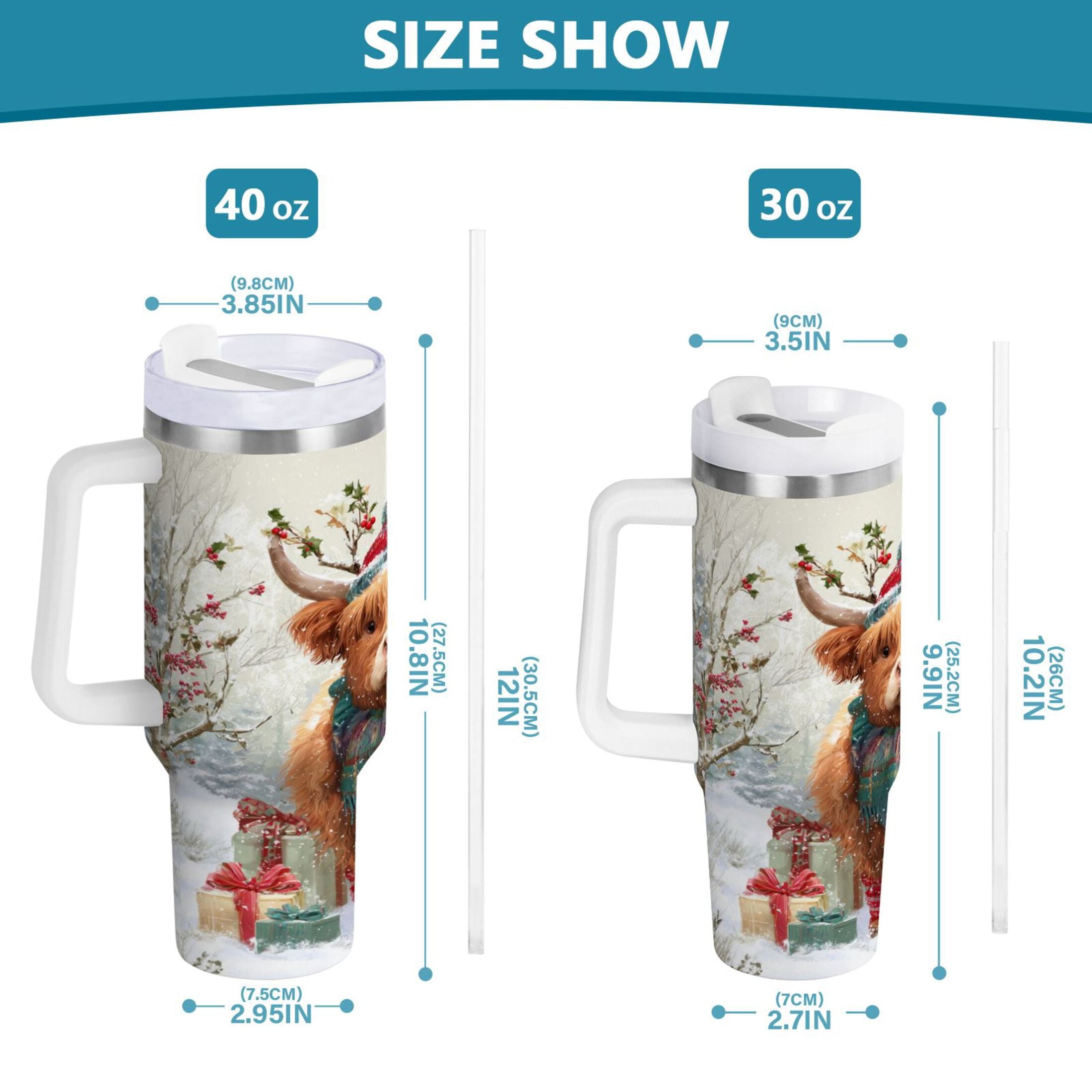 30 oz Insulated Stainless Steel Tumbler Double Wall Stainless Steel Tumbler with 2-Way Drinking Cow Wearing Christmas Hat - Pick 808