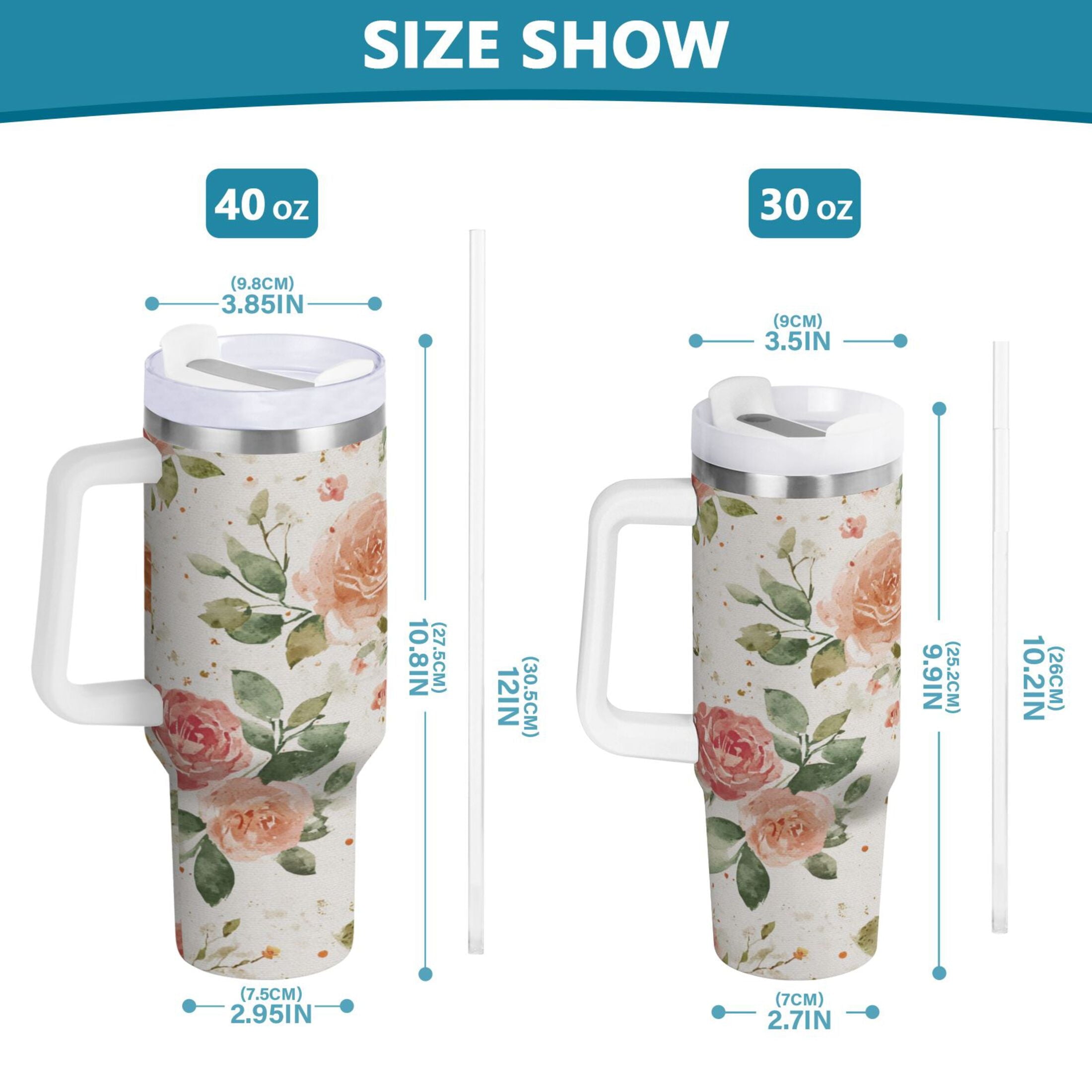 40 oz Insulated Stainless Steel Tumbler Double Wall Stainless Steel Tumbler with 2-Way Drinking Watercolor Rose Floral Pattern - Pick 229