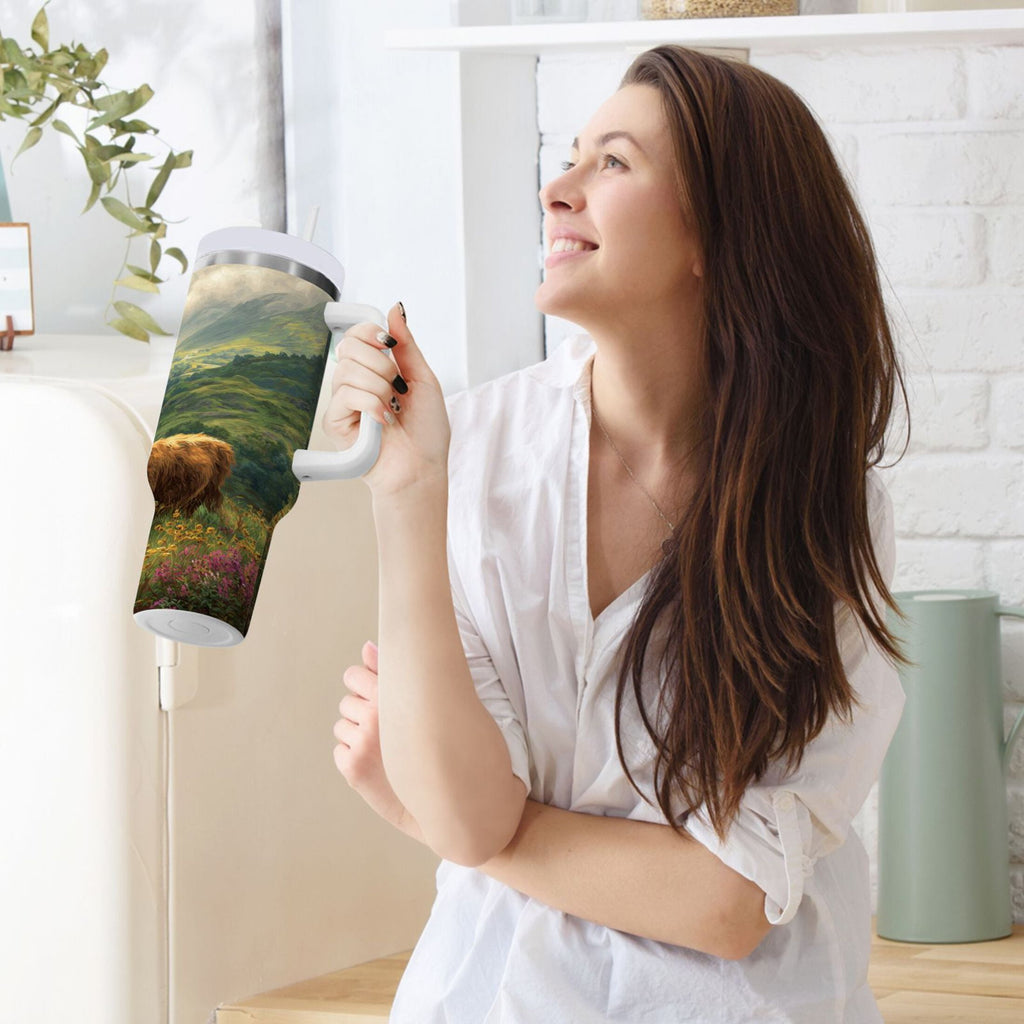 30 oz Insulated Stainless Steel Tumbler Double Wall Stainless Steel Tumbler with 2-Way Drinking Cow in Green Rolling Hills - Pick 393