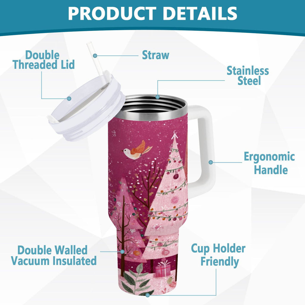 40 oz Insulated Stainless Steel Tumbler Double Wall Stainless Steel Tumbler with 2-Way Drinking Pink Christmas Forest - Pick 480