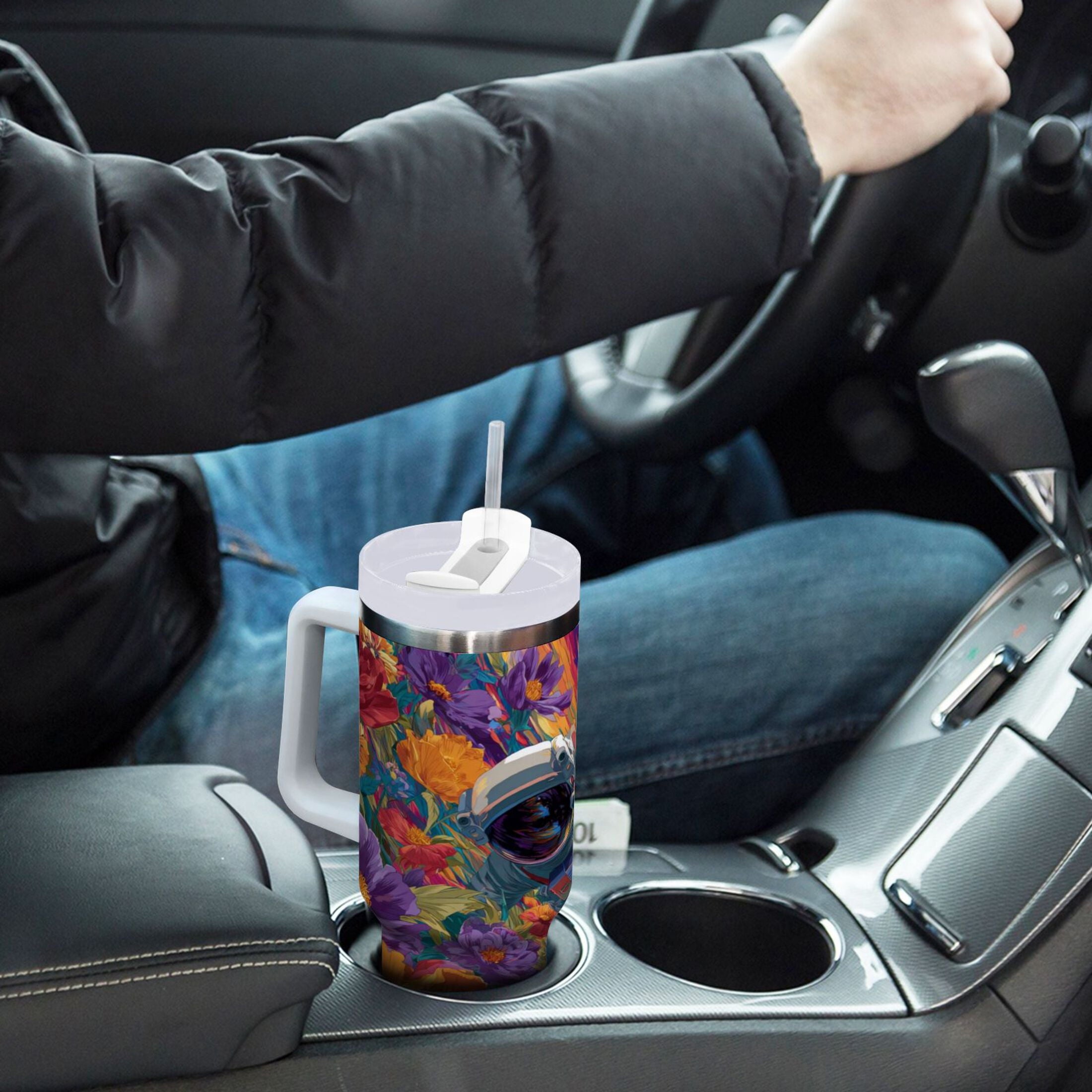 40 oz Insulated Stainless Steel Tumbler Double Wall Stainless Steel Tumbler with 2-Way Drinking Colorful Flowers and Planets - Pick 514