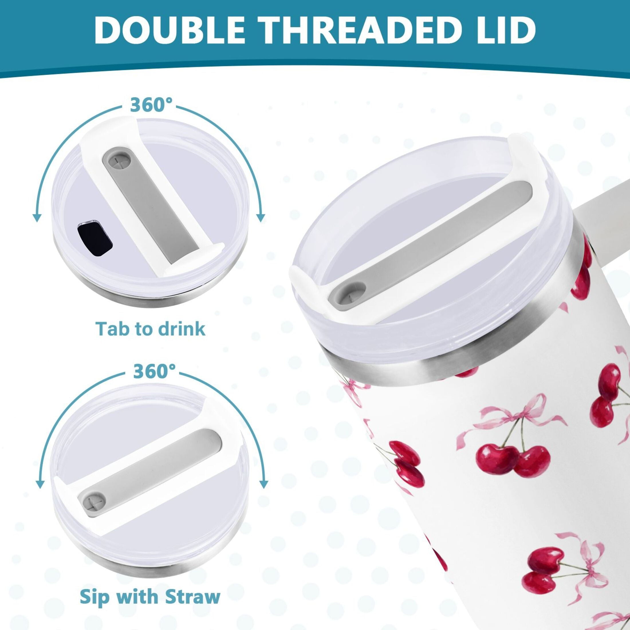 30 oz Insulated Stainless Steel Tumbler Double Wall Stainless Steel Tumbler with 2-Way Drinking Watercolor Cherries Pattern - Pick 266