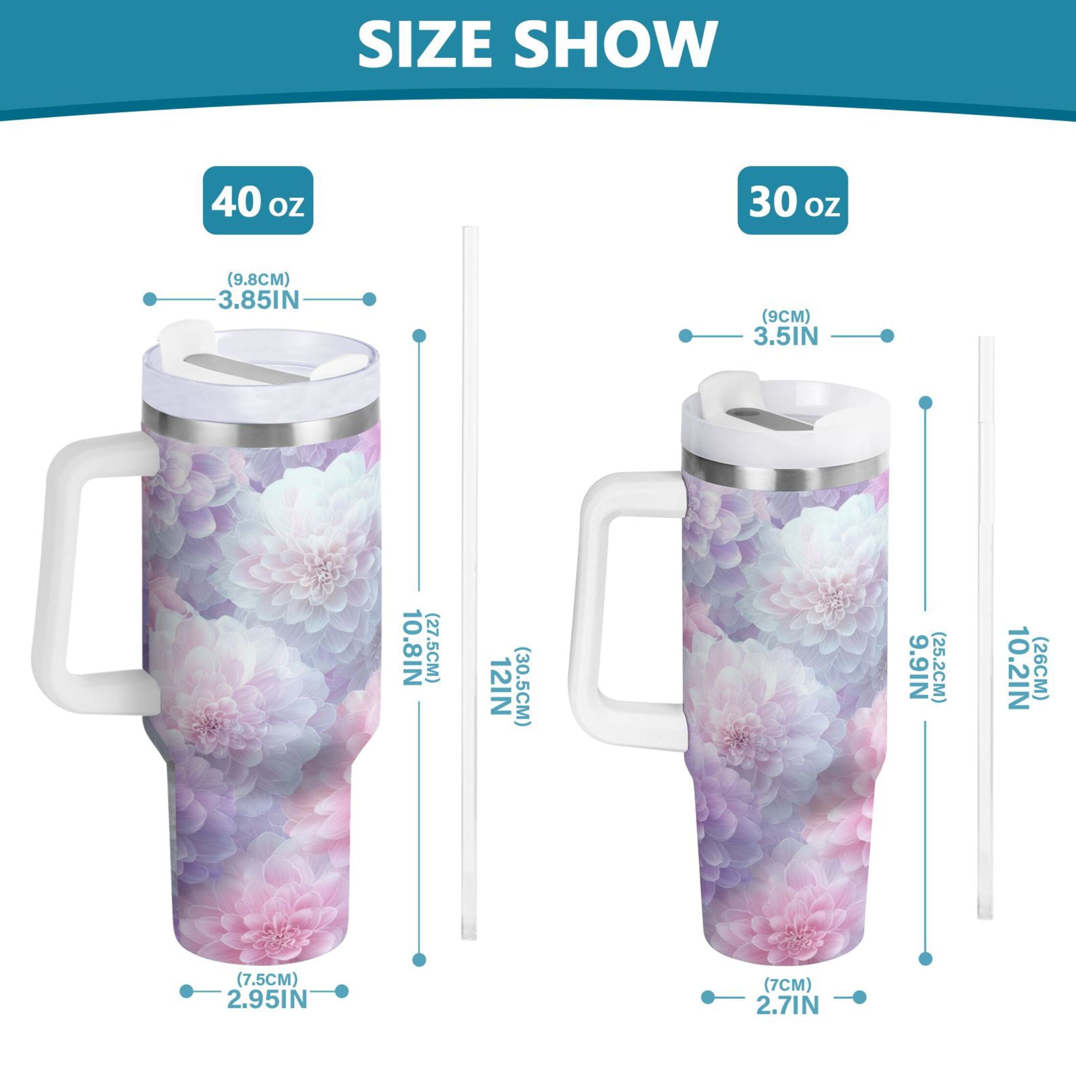 30 oz Insulated Stainless Steel Tumbler Double Wall Stainless Steel Tumbler with 2-Way Drinking Cute Pastel Watercolor Floral - Pick 789