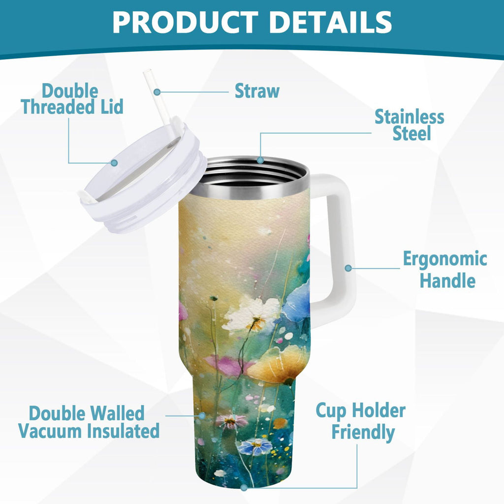 30 oz Insulated Stainless Steel Tumbler Double Wall Stainless Steel Tumbler with 2-Way Drinking Watercolor Wildflowers - Pick 648