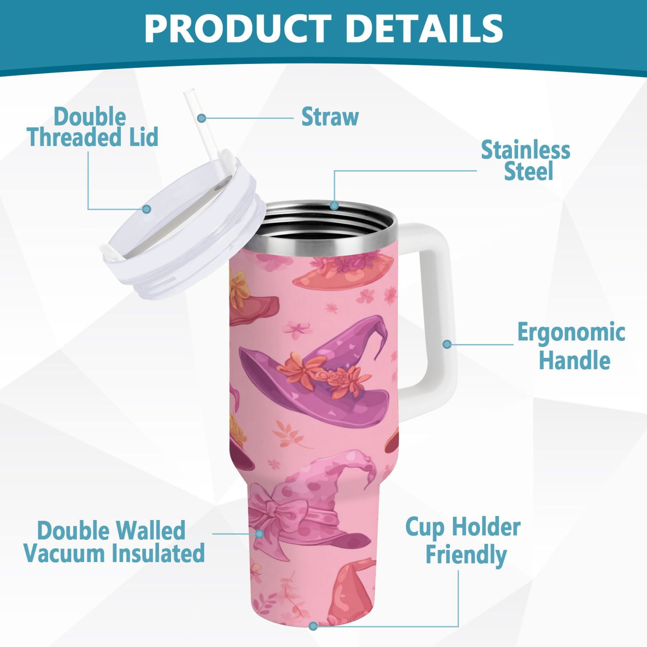 30 oz Insulated Stainless Steel Tumbler Double Wall Stainless Steel Tumbler with 2-Way Drinking Colorful Hat Pattern - Pick 783