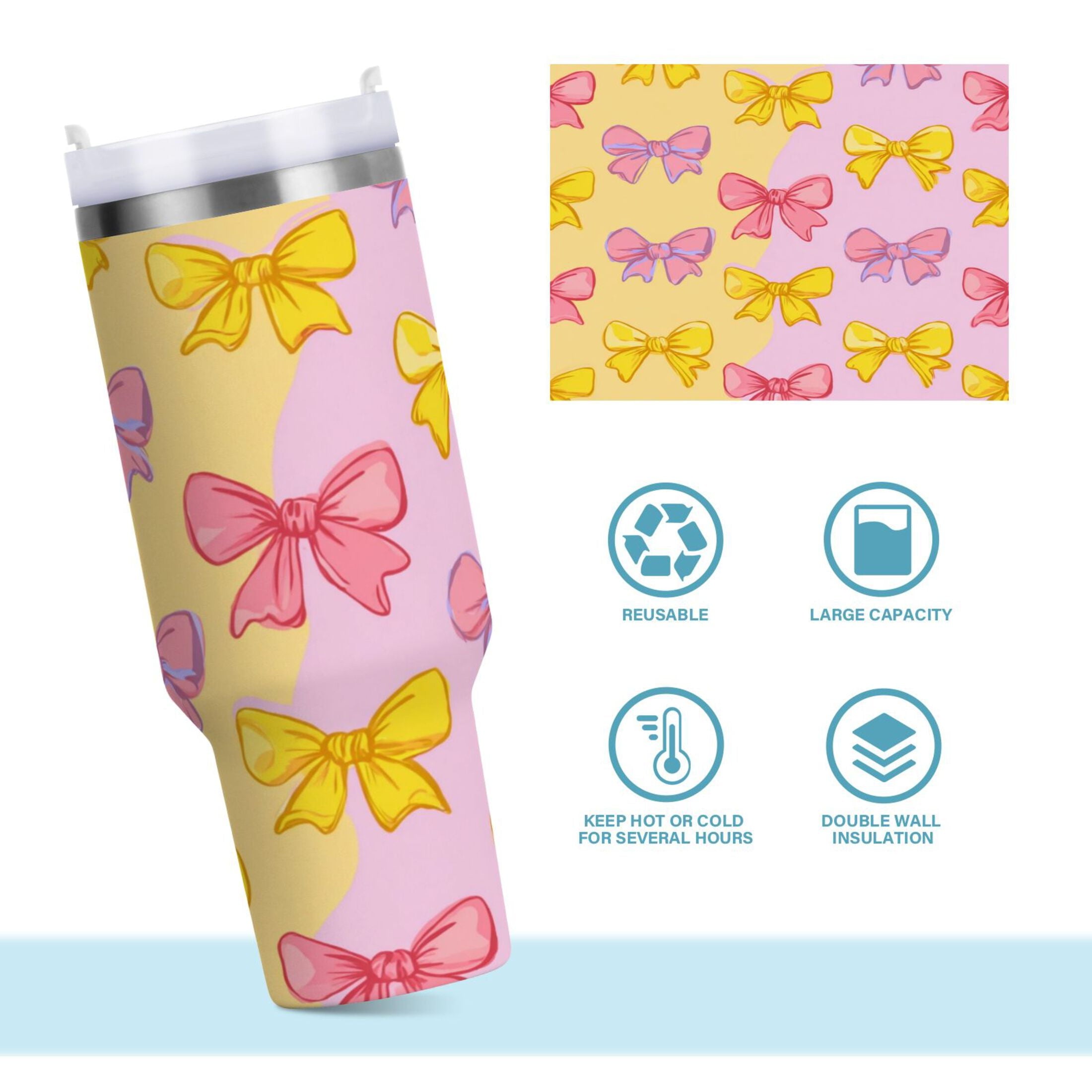 30 oz Insulated Stainless Steel Tumbler Double Wall Stainless Steel Tumbler with 2-Way Drinking Yellow and Pink Bows - Pick 749