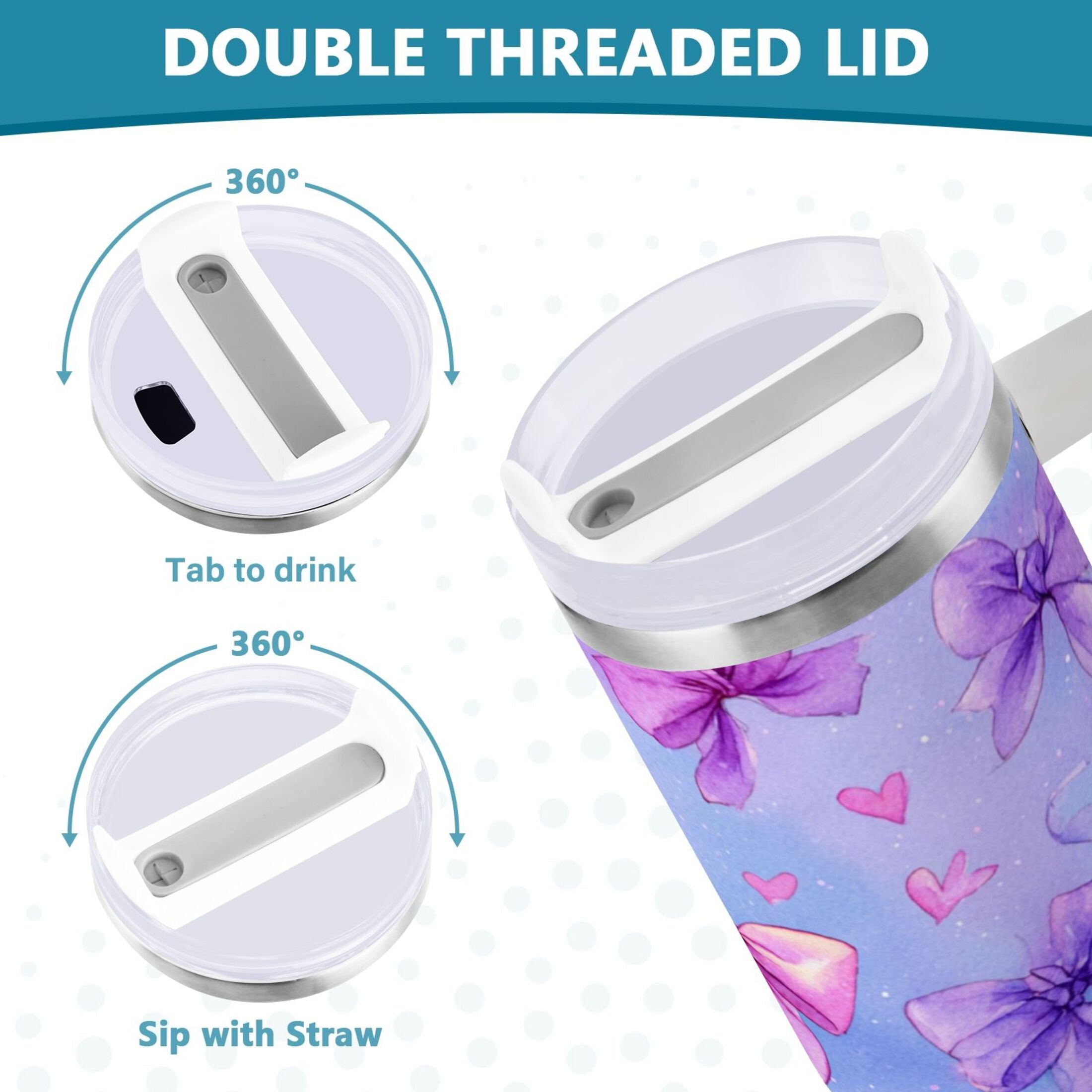 30 oz Insulated Stainless Steel Tumbler Double Wall Stainless Steel Tumbler with 2-Way Drinking Watercolor Bows Pattern - Pick 805