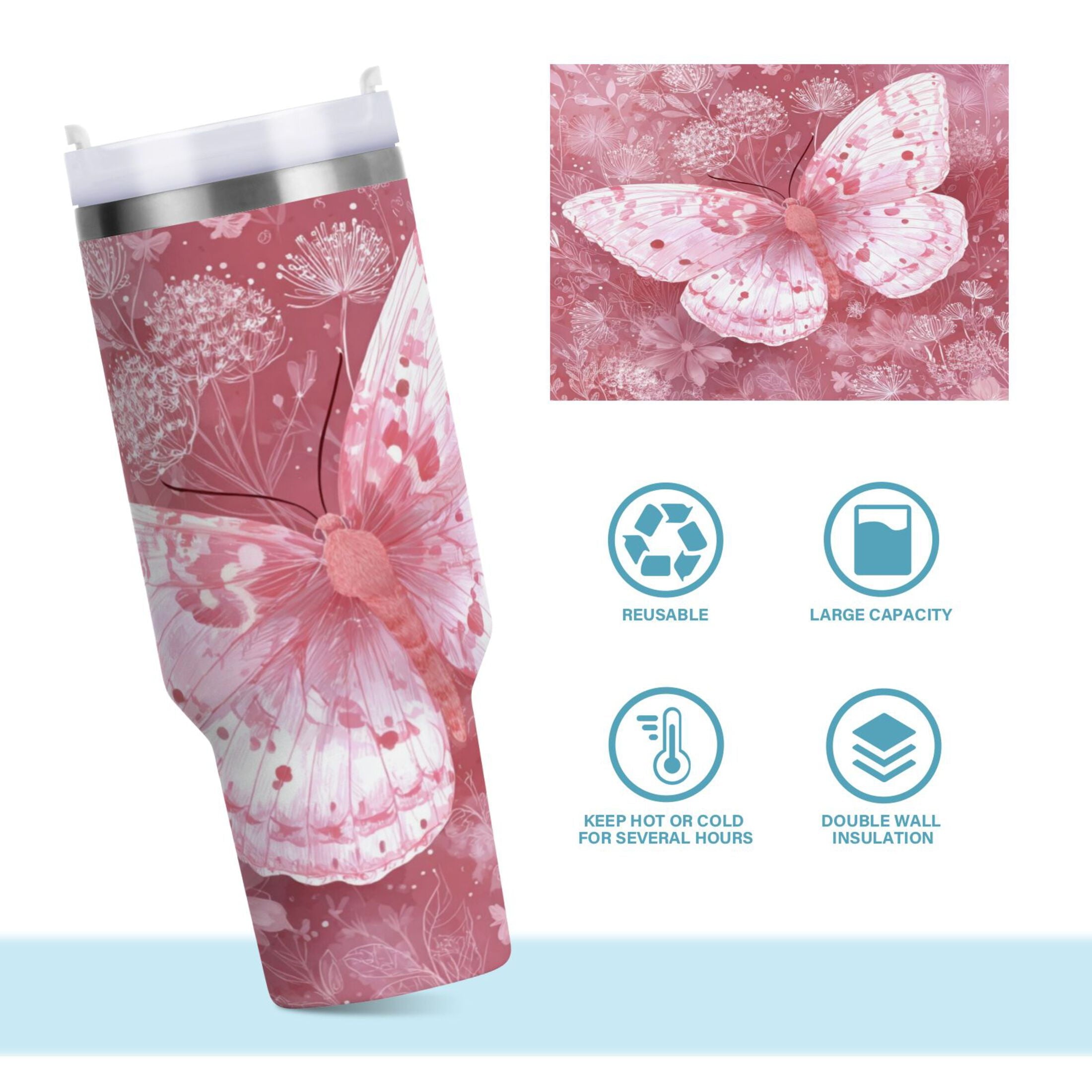 30 oz Insulated Stainless Steel Tumbler Double Wall Stainless Steel Tumbler with 2-Way Drinking Soft Pink Butterfly - Pick 641