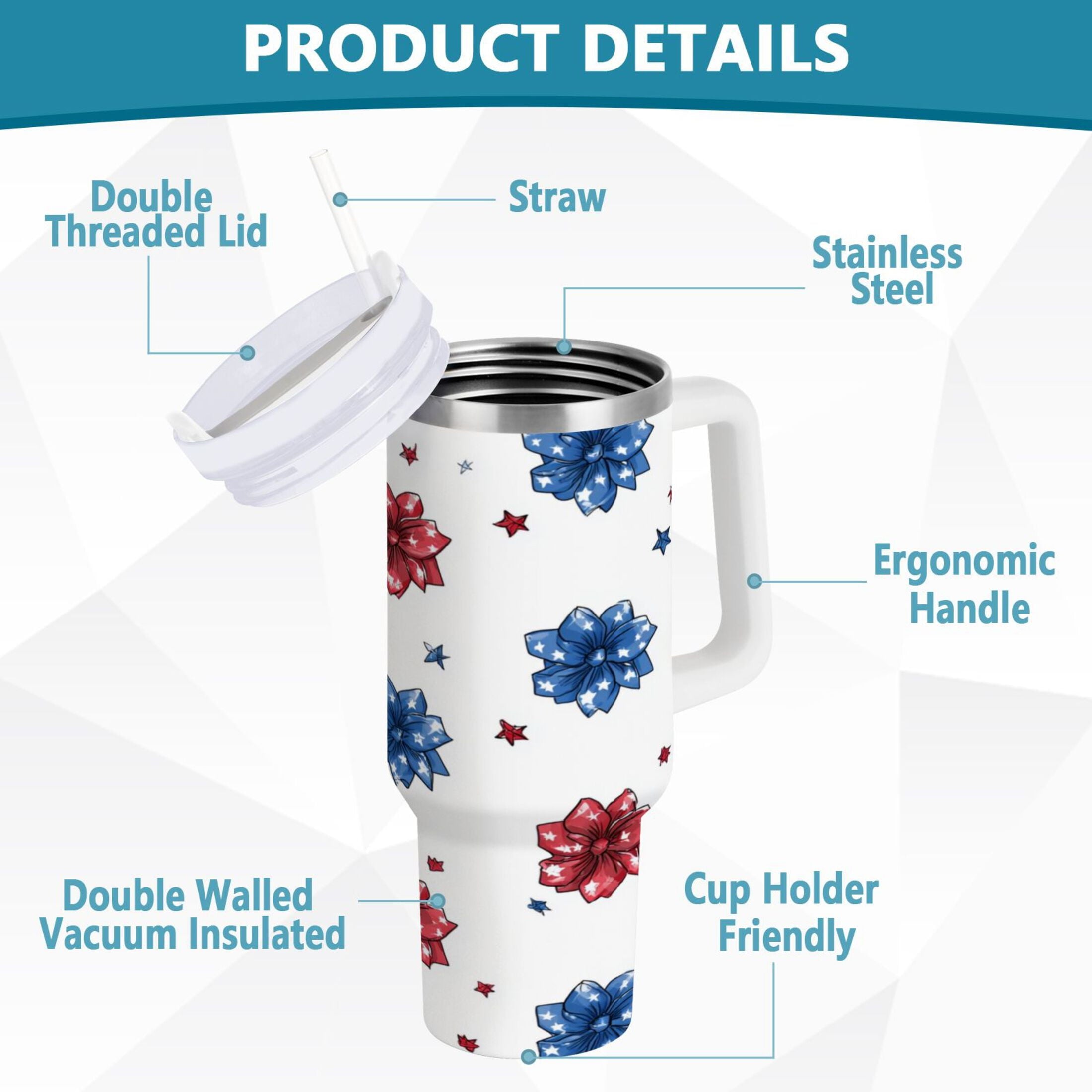 40 oz Insulated Stainless Steel Tumbler Double Wall Stainless Steel Tumbler with 2-Way Drinking Stars and Stripes Puttern Flower - Pick 839