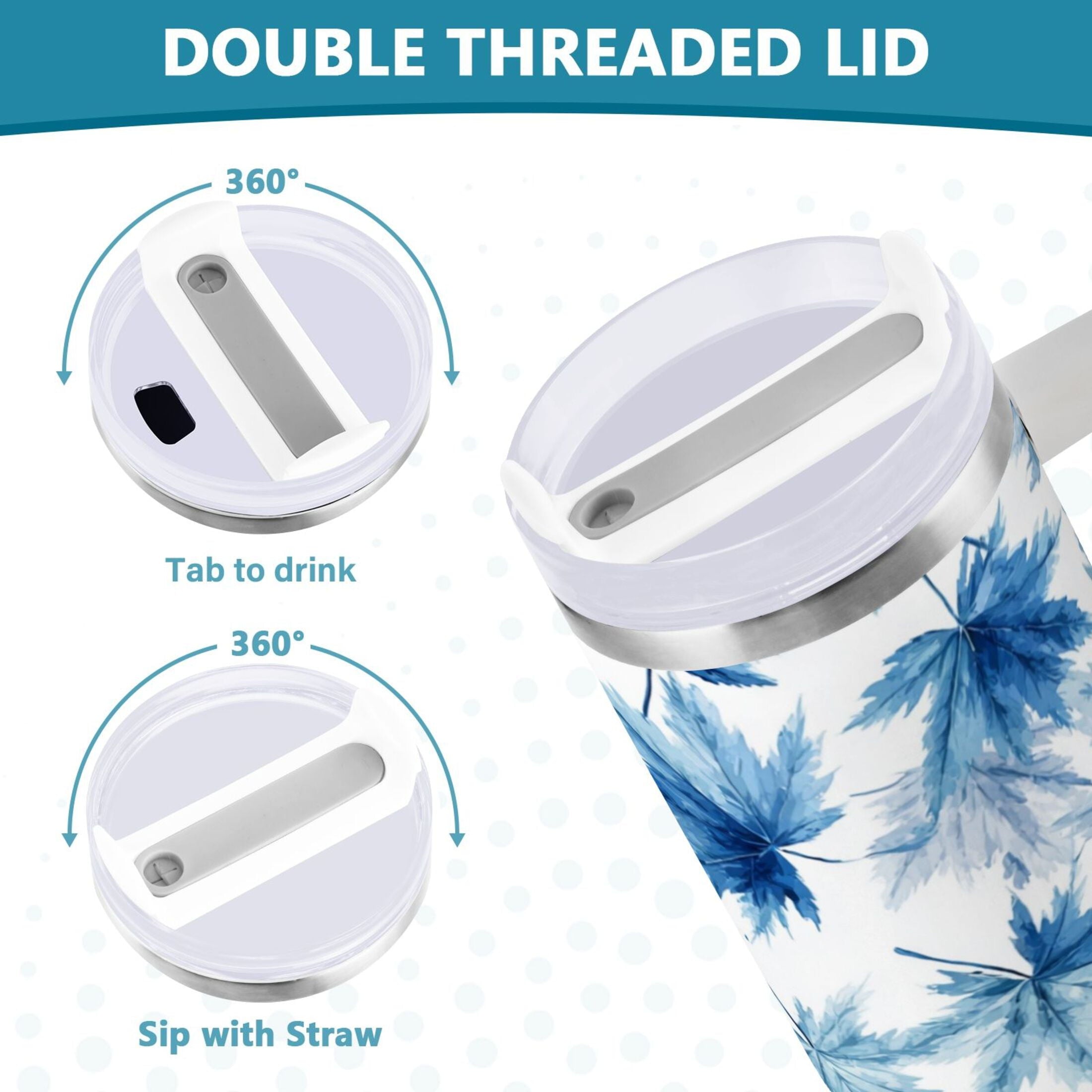 30 oz Insulated Stainless Steel Tumbler Double Wall Stainless Steel Tumbler with 2-Way Drinking Abstract Blue Maple Leaves - Pick 826