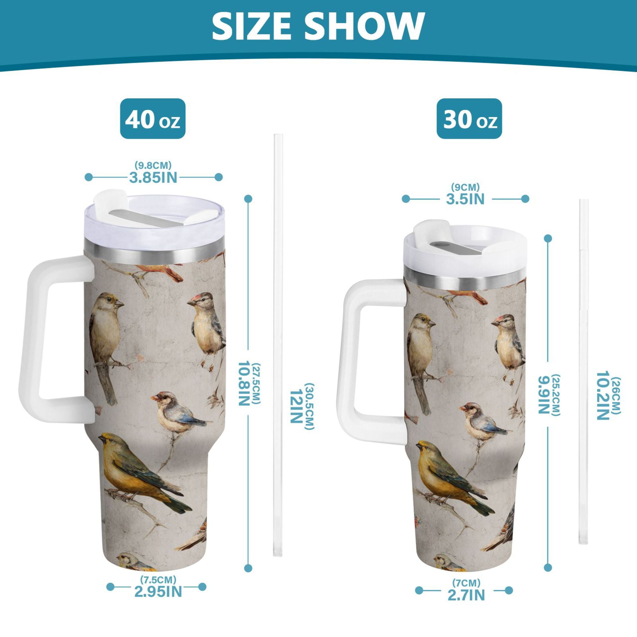 40 oz Insulated Stainless Steel Tumbler Double Wall Stainless Steel Tumbler with 2-Way Drinking Birds Pattern - Pick 301