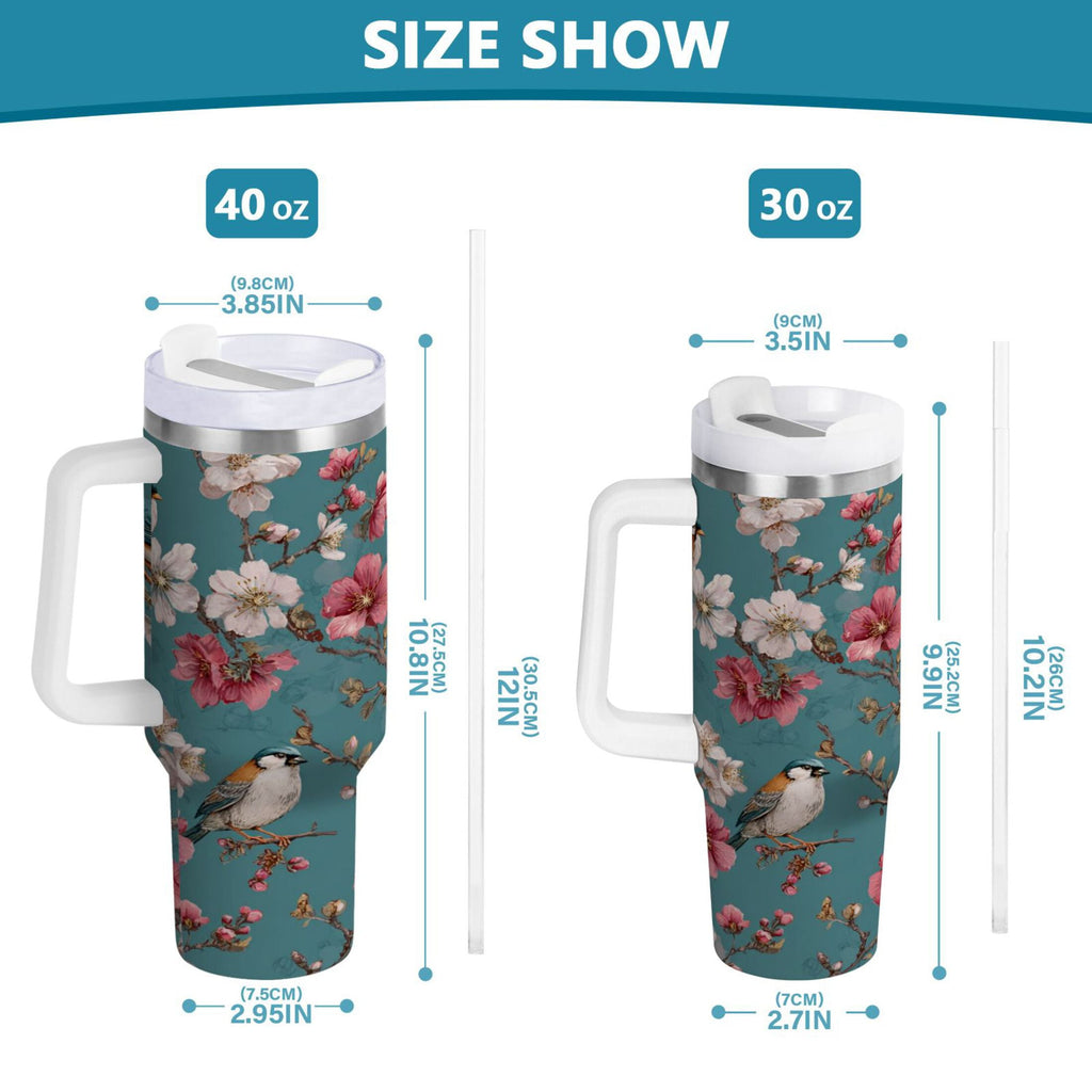30 oz Insulated Stainless Steel Tumbler Double Wall Stainless Steel Tumbler with 2-Way Drinking Birds and Cherry Pattern - Pick 725