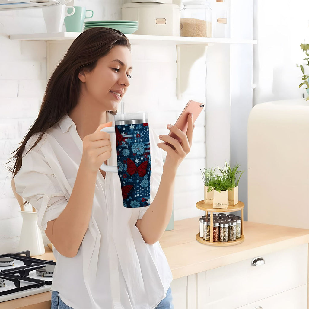 30 oz Insulated Stainless Steel Tumbler Double Wall Stainless Steel Tumbler with 2-Way Drinking Red Butterflies and Flags - Pick 334