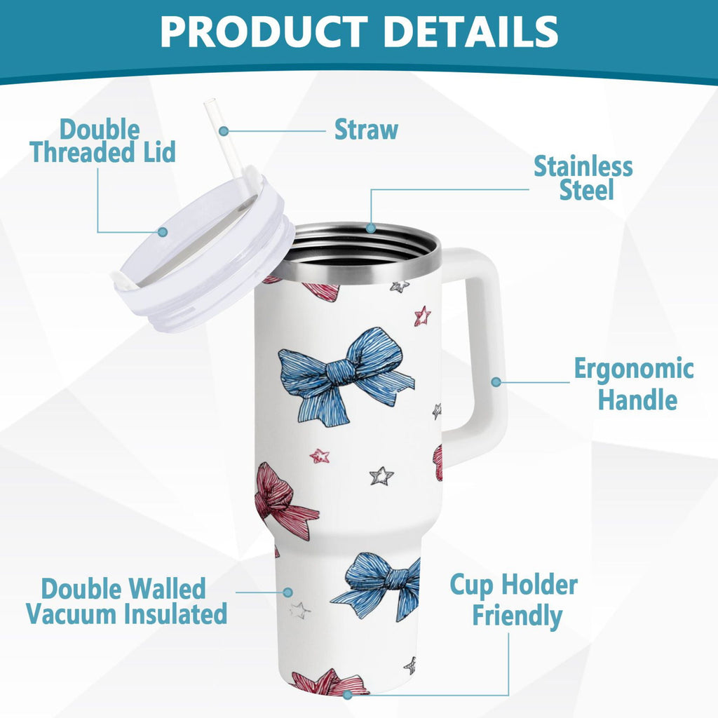40 oz Insulated Stainless Steel Tumbler Double Wall Stainless Steel Tumbler with 2-Way Drinking Red and Blue Stripes Bows - Pick 250