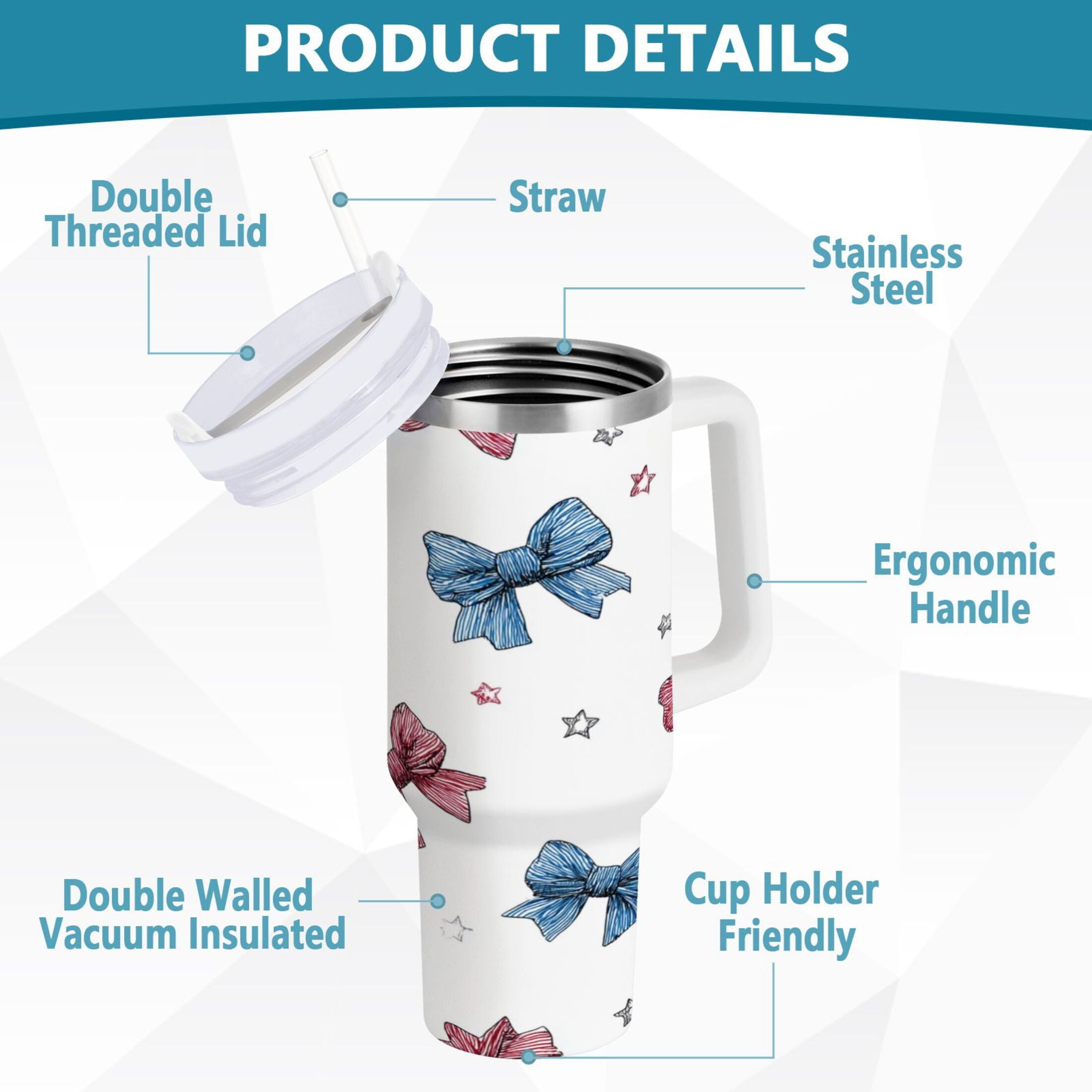 40 oz Insulated Stainless Steel Tumbler Double Wall Stainless Steel Tumbler with 2-Way Drinking Red and Blue Stripes Bows - Pick 250