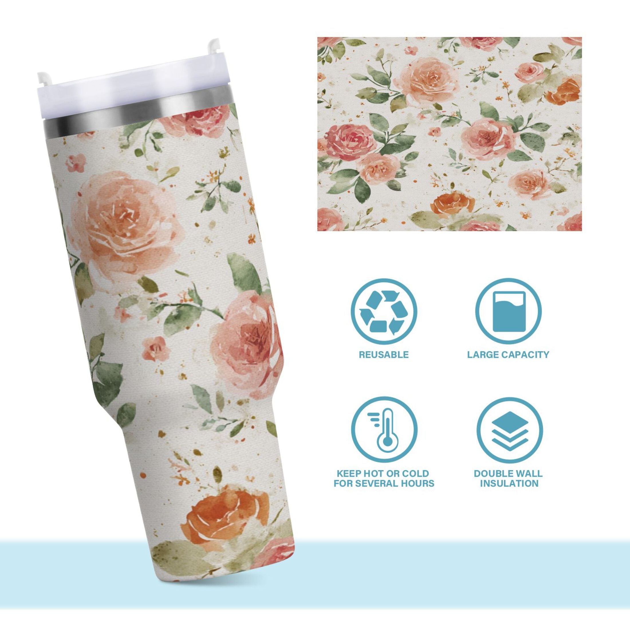 40 oz Insulated Stainless Steel Tumbler Double Wall Stainless Steel Tumbler with 2-Way Drinking Watercolor Rose Floral Pattern - Pick 229