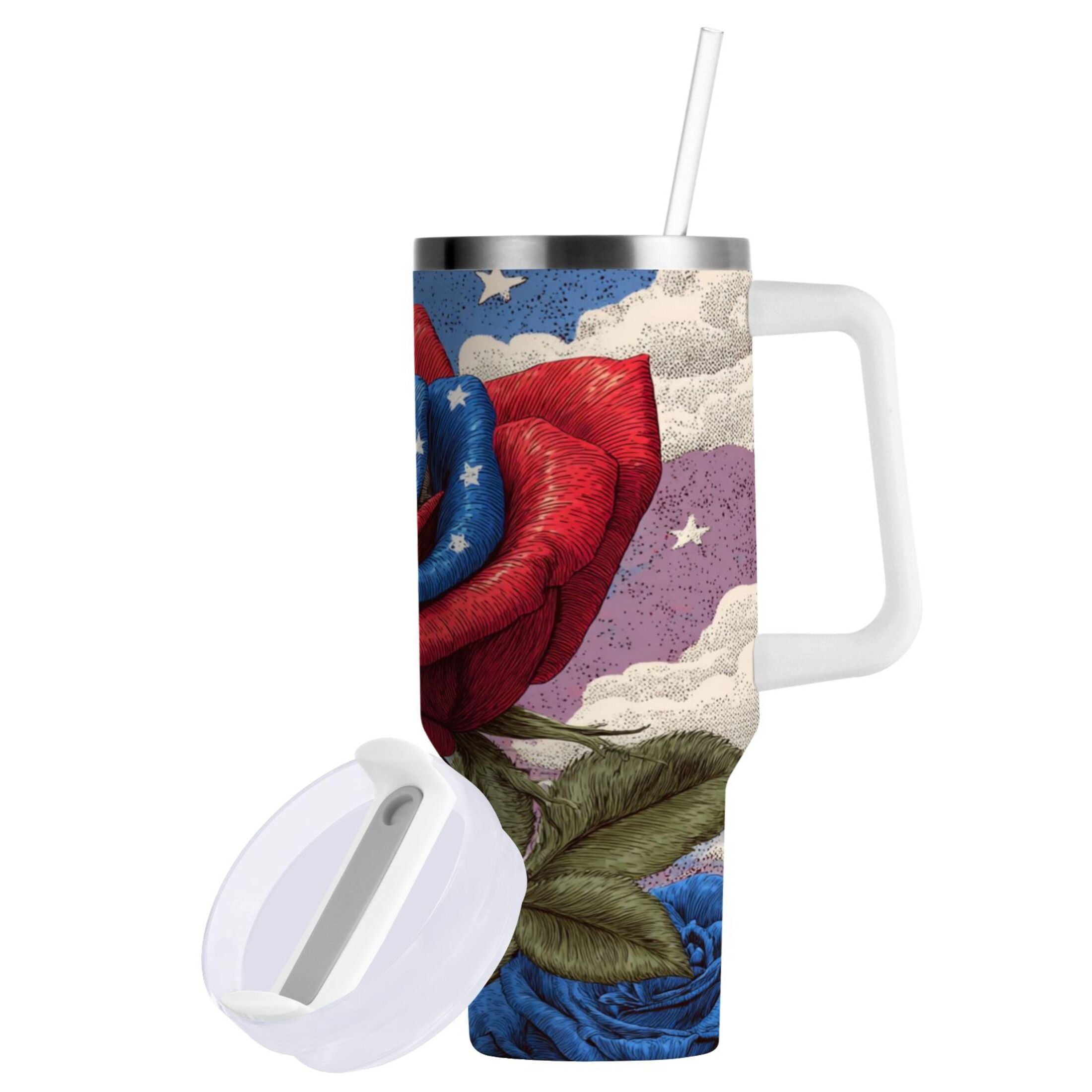 40 oz Insulated Stainless Steel Tumbler Double Wall Stainless Steel Tumbler with 2-Way Drinking Roses and Clouds - Pick 511