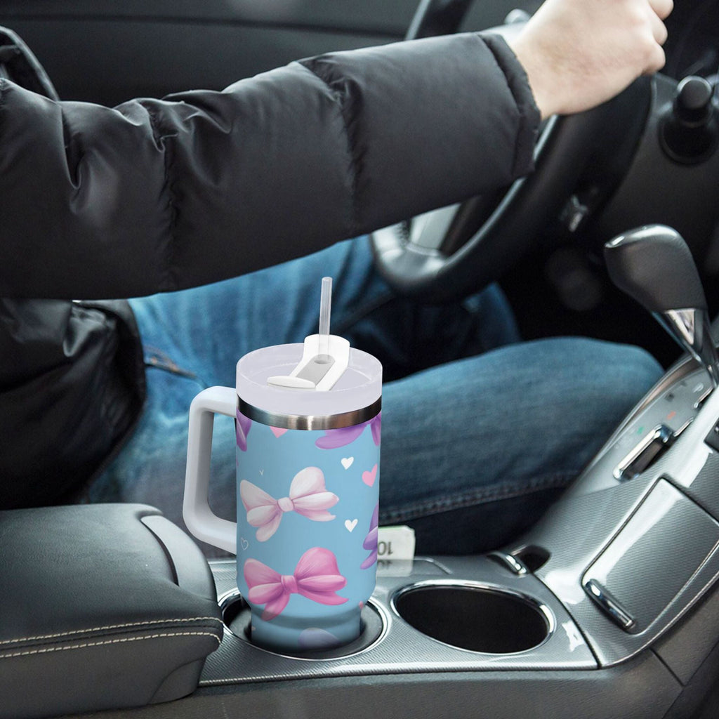 30 oz Insulated Stainless Steel Tumbler Double Wall Stainless Steel Tumbler with 2-Way Drinking Pink and Purple Bows - Pick 357
