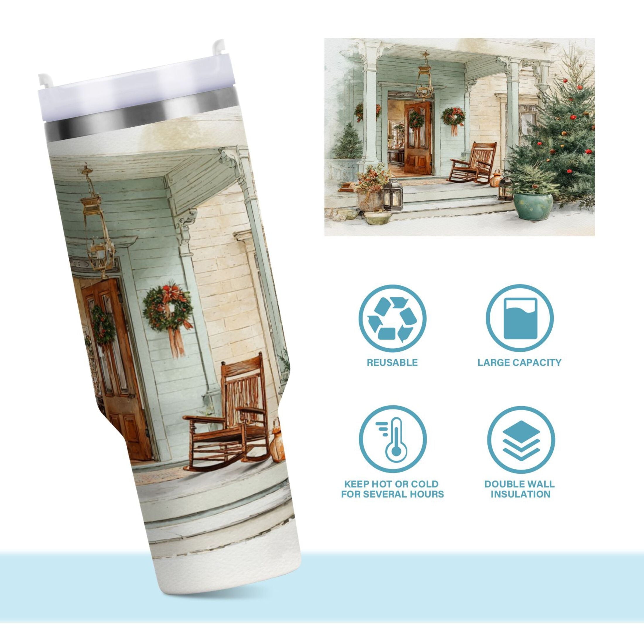 30 oz Insulated Stainless Steel Tumbler Double Wall Stainless Steel Tumbler with 2-Way Drinking Charming Christmas Doorway - Pick 484