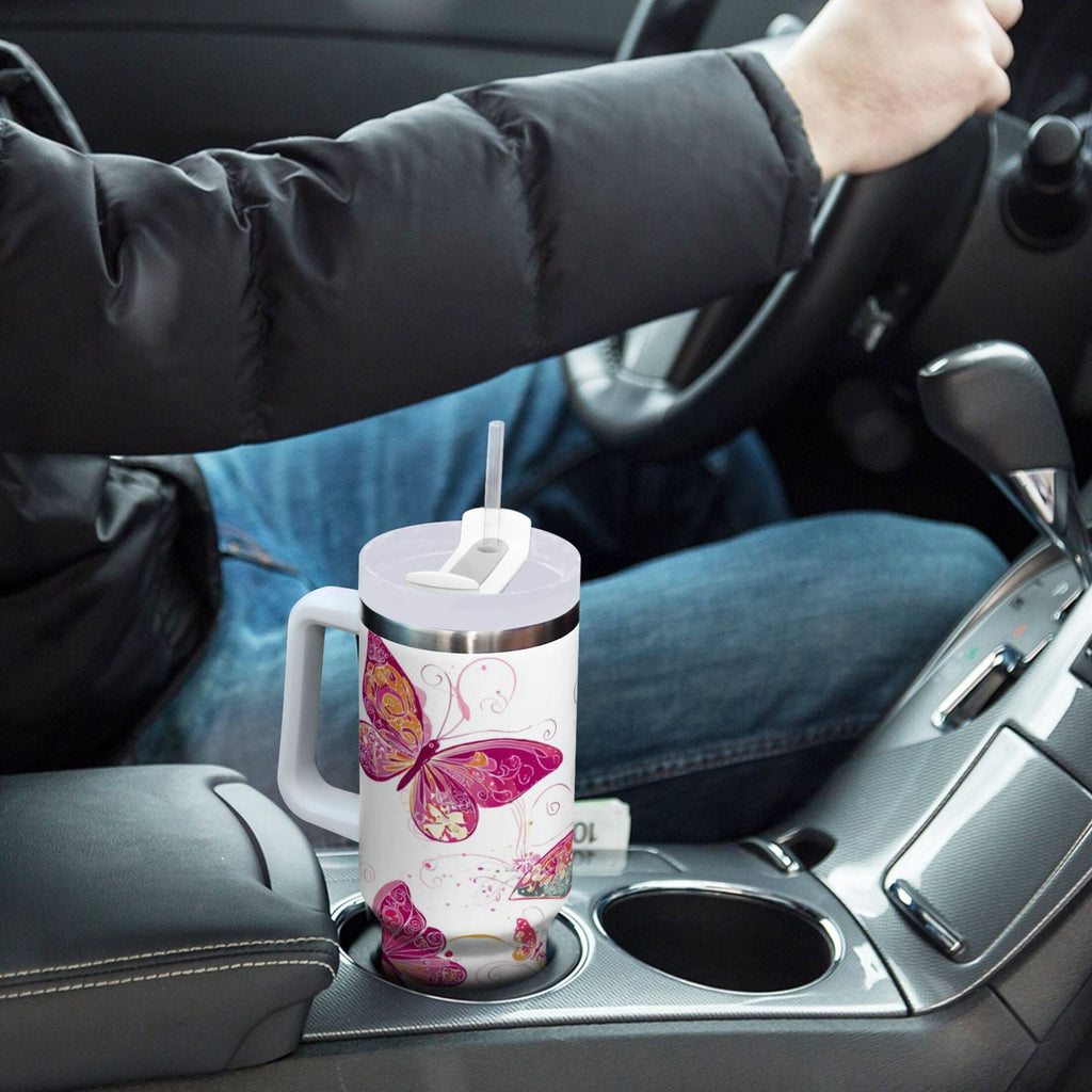 30 oz Insulated Stainless Steel Tumbler Double Wall Stainless Steel Tumbler with 2-Way Drinking Colorful Butterflies - Pick 547