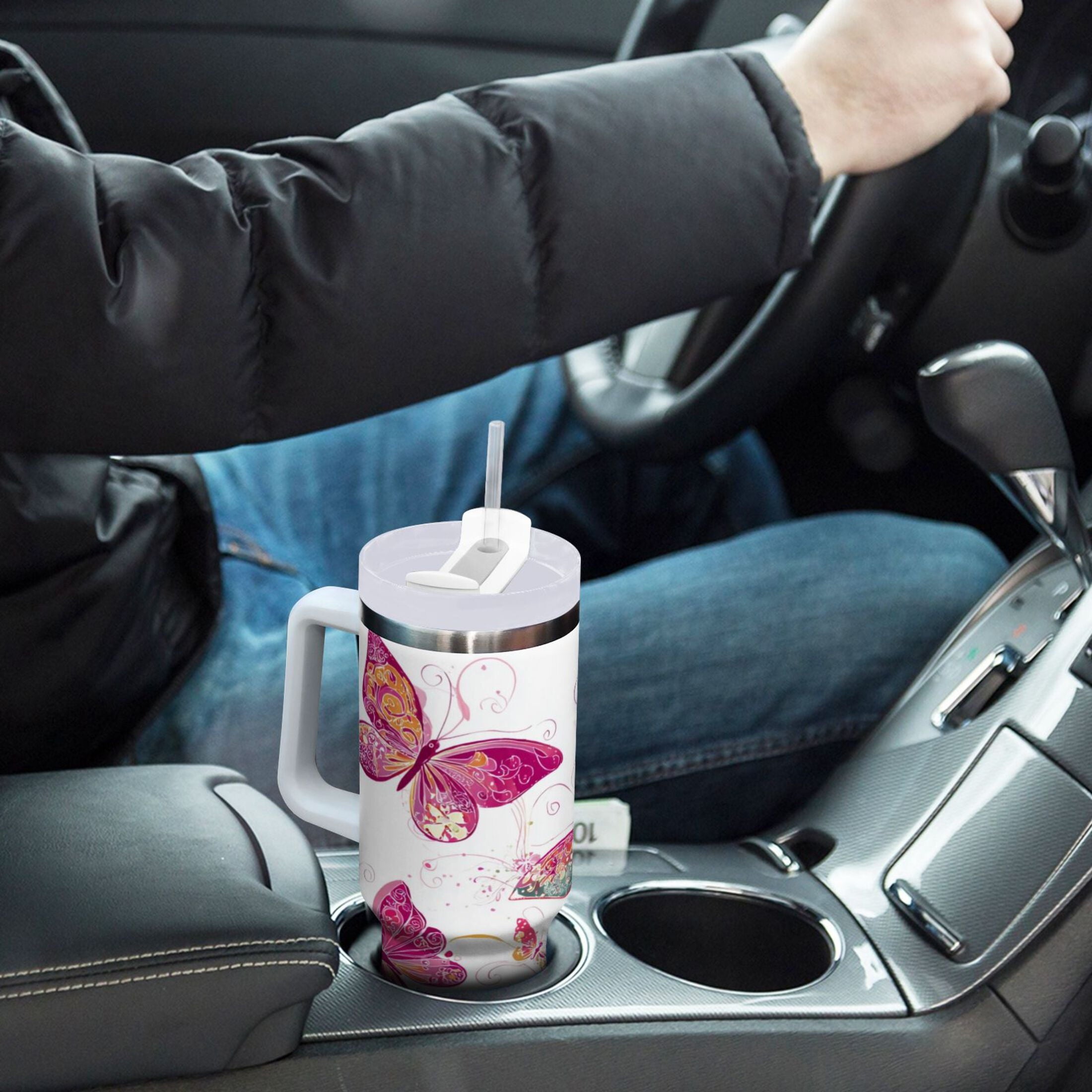 30 oz Insulated Stainless Steel Tumbler Double Wall Stainless Steel Tumbler with 2-Way Drinking Colorful Butterflies - Pick 547
