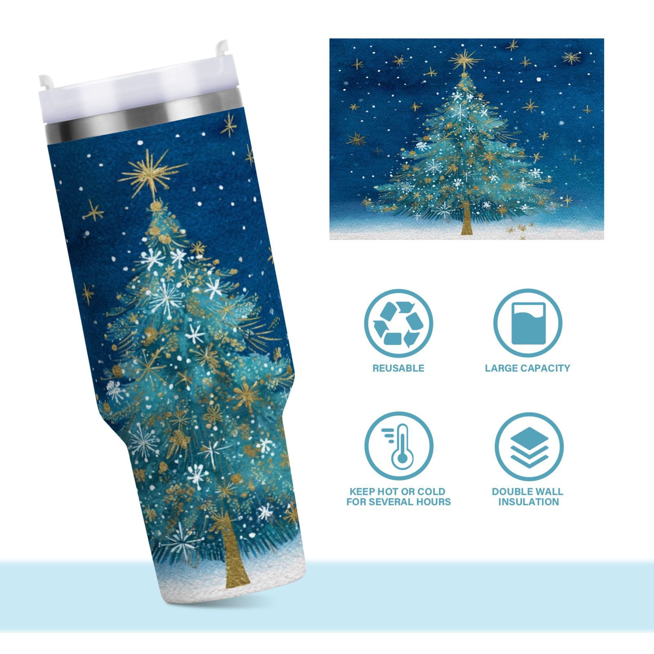 40 oz Insulated Stainless Steel Tumbler Double Wall Stainless Steel Tumbler with 2-Way Drinking Watercolor Christmas Tree - Pick 242