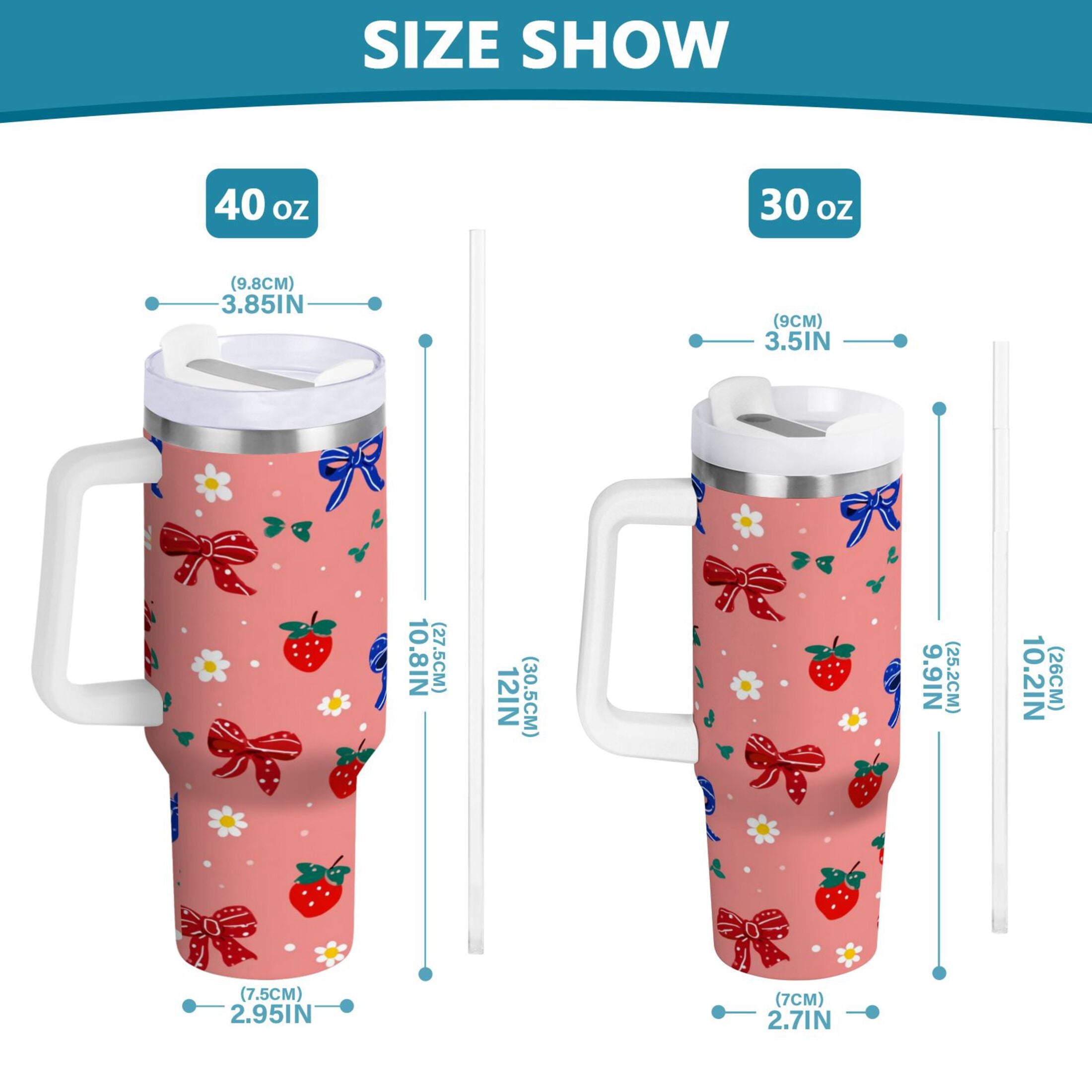 40 oz Insulated Stainless Steel Tumbler Double Wall Stainless Steel Tumbler with 2-Way Drinking Bows and Strawberries Pattern - Pick 631