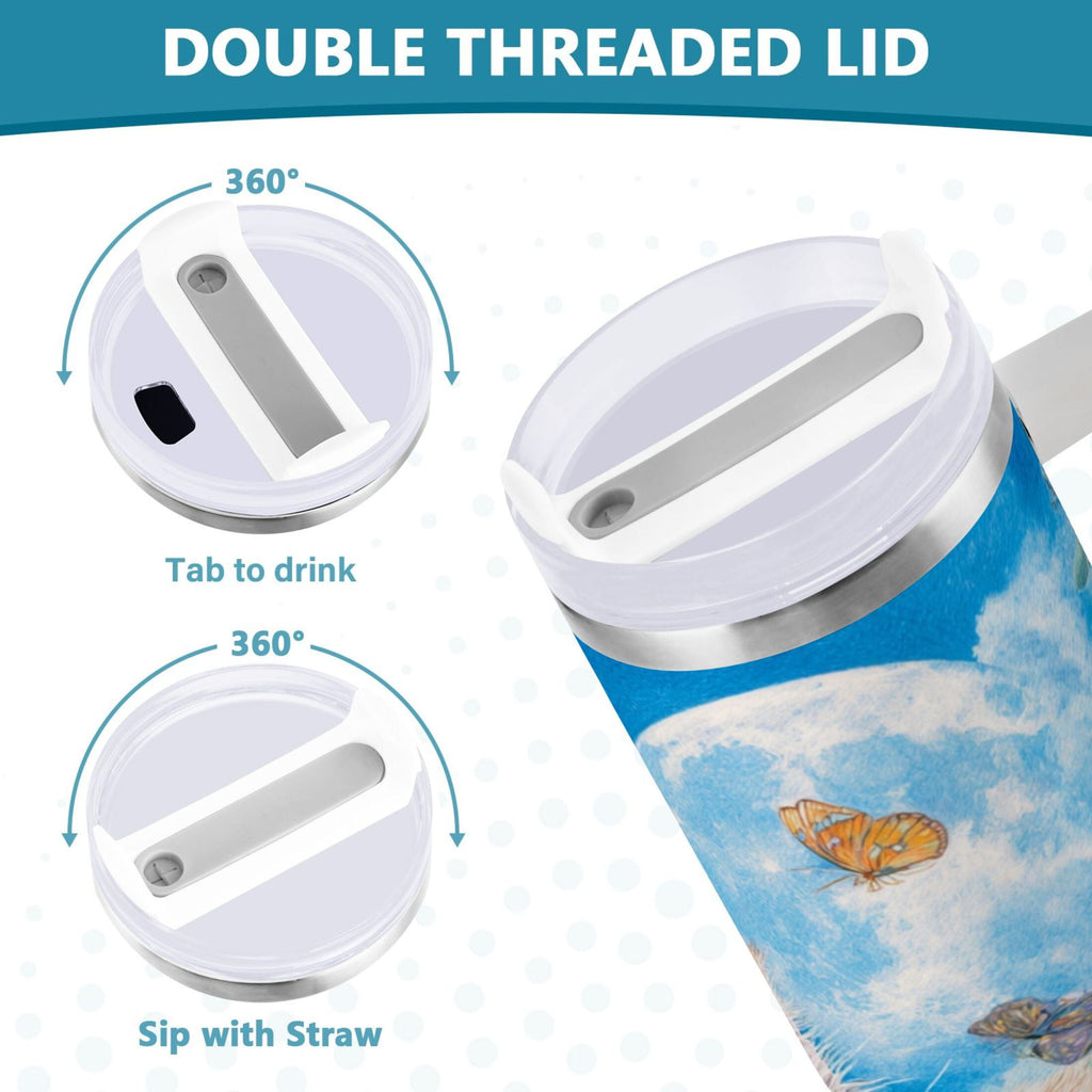 40 oz Insulated Stainless Steel Tumbler Double Wall Stainless Steel Tumbler with 2-Way Drinking Playful Cat Lying Sunflowers - Pick 924