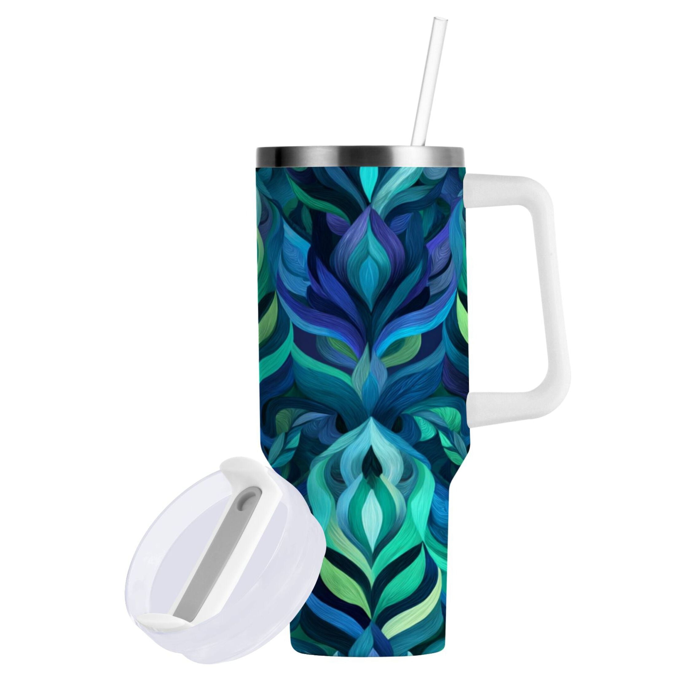 40 oz Insulated Stainless Steel Tumbler Double Wall Stainless Steel Tumbler with 2-Way Drinking Elegant Blue Abstract Shapes - Pick 410