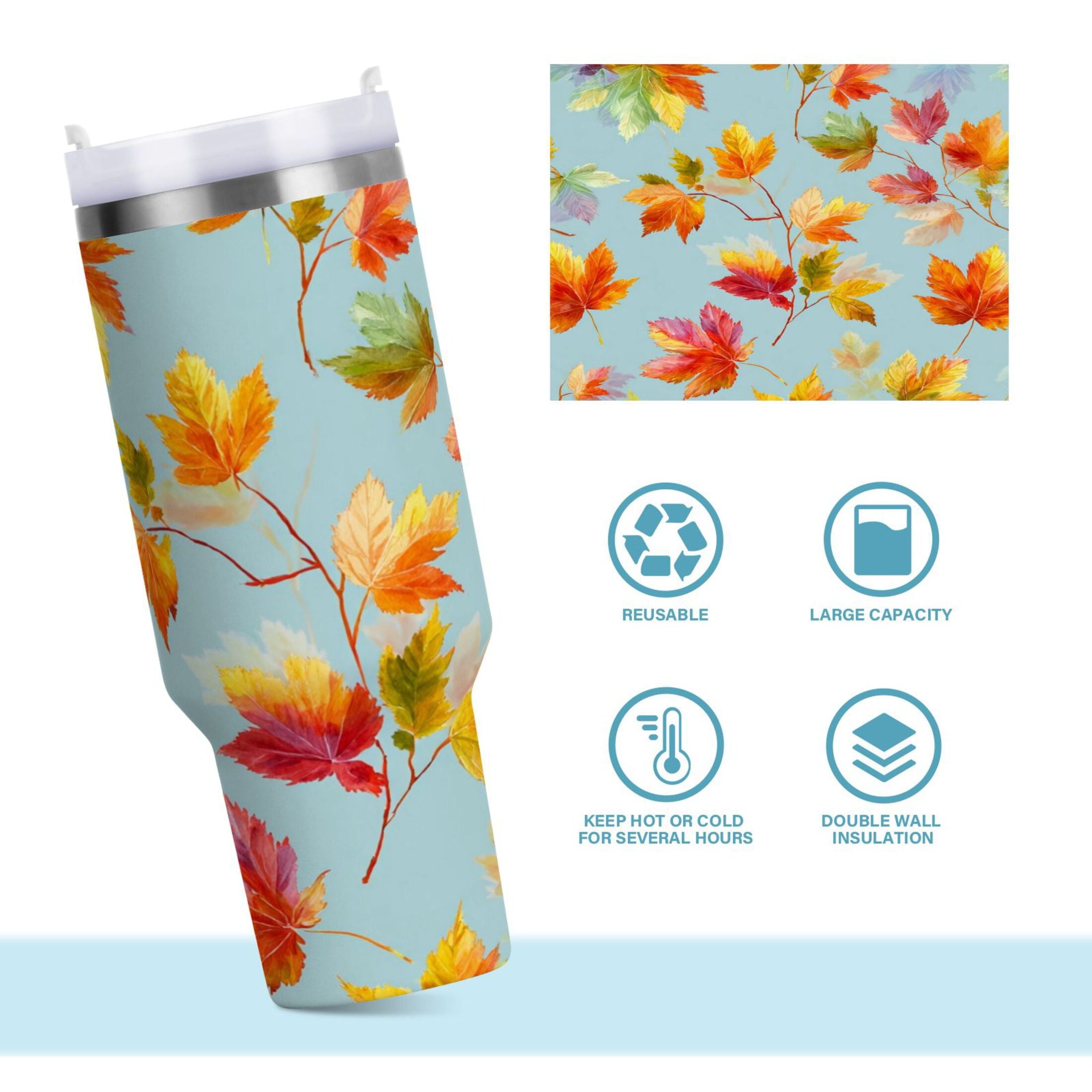 30 oz Insulated Stainless Steel Tumbler Double Wall Stainless Steel Tumbler with 2-Way Drinking Colorful Autumn Maple Leaves - Pick 951