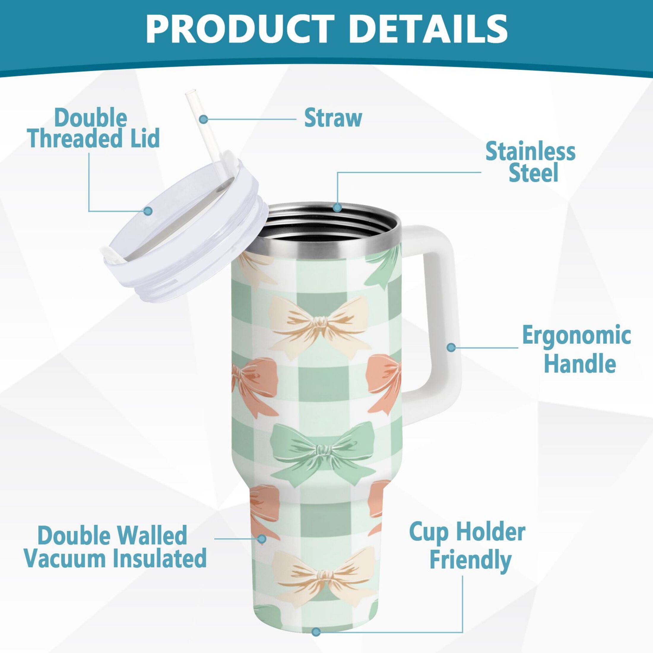 40 oz Insulated Stainless Steel Tumbler Double Wall Stainless Steel Tumbler with 2-Way Drinking Green and Peach Bow Pattern - Pick 342